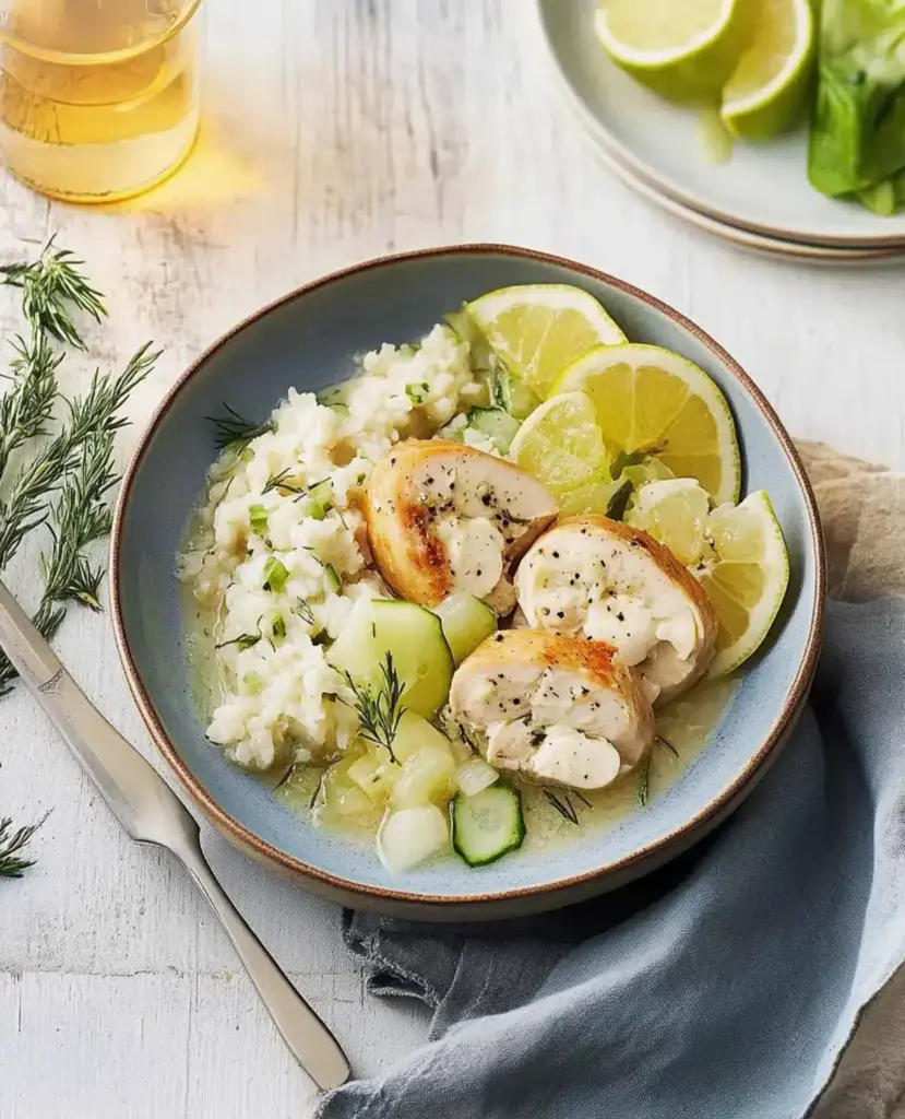 Stuffed chicken breast fillets with risotto and fennel-grape salad