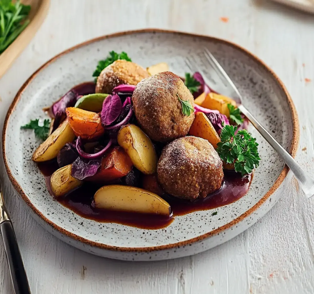 Gulasch mit Rotkohl-Knödeln