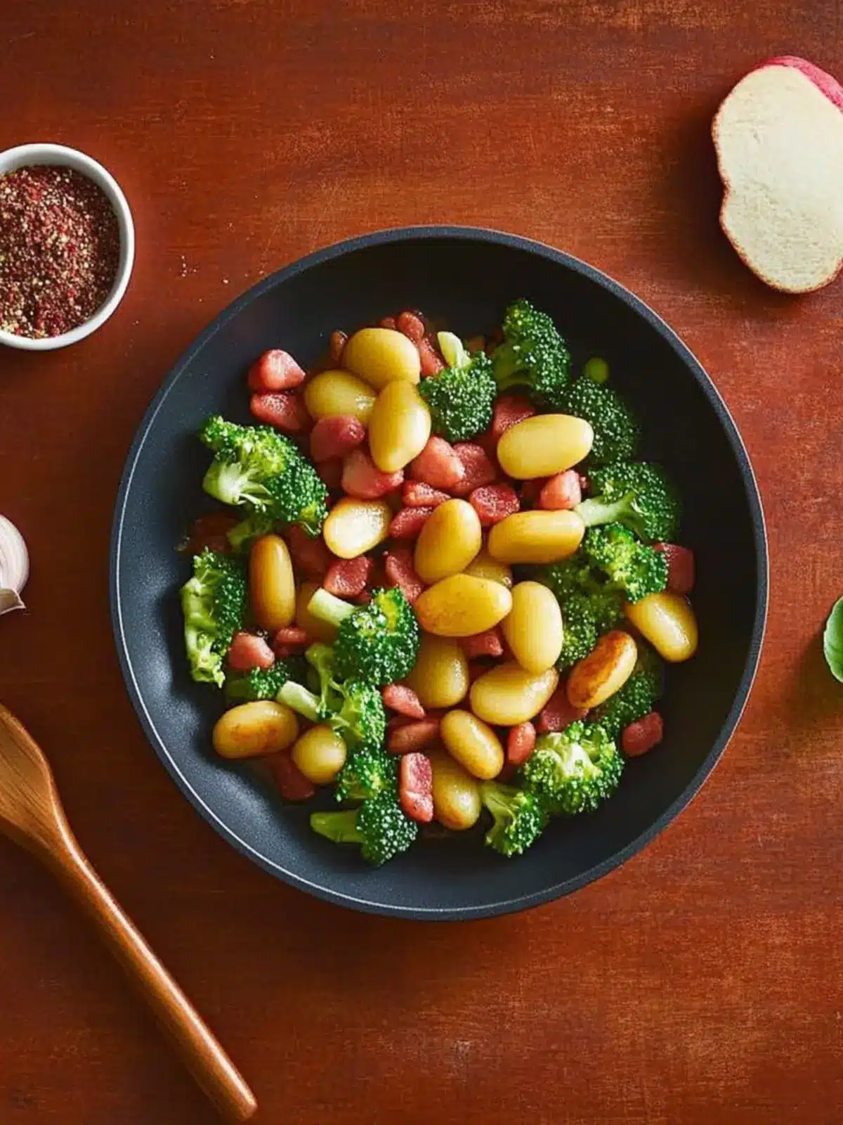 Gnocchi with bacon and broccoli