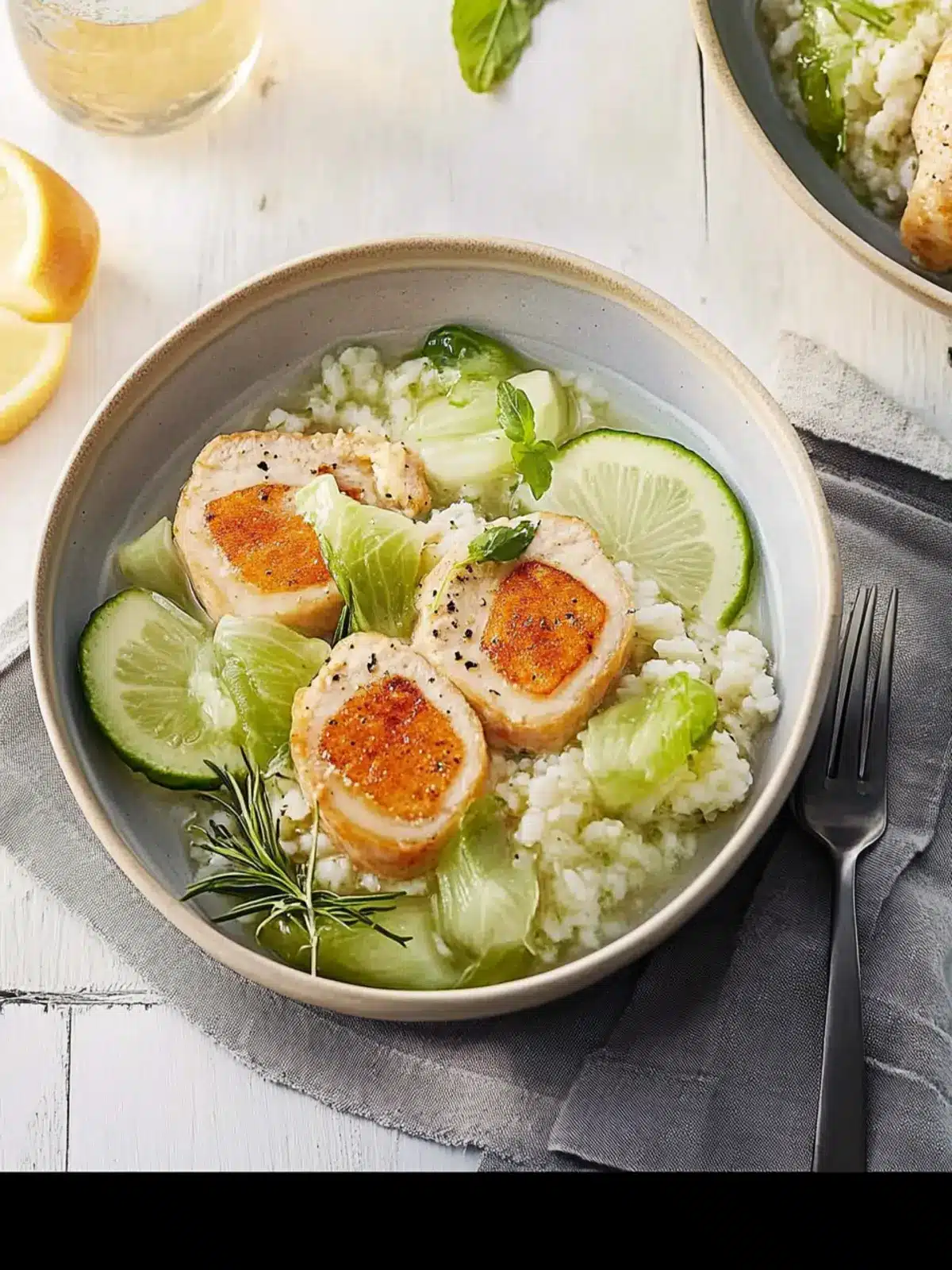Stuffed chicken breast fillets with risotto and fennel-grape salad