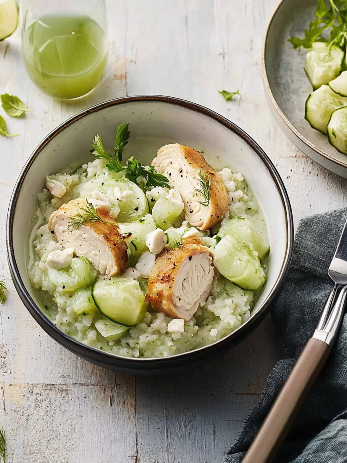 Stuffed chicken breast fillets with risotto and fennel-grape salad