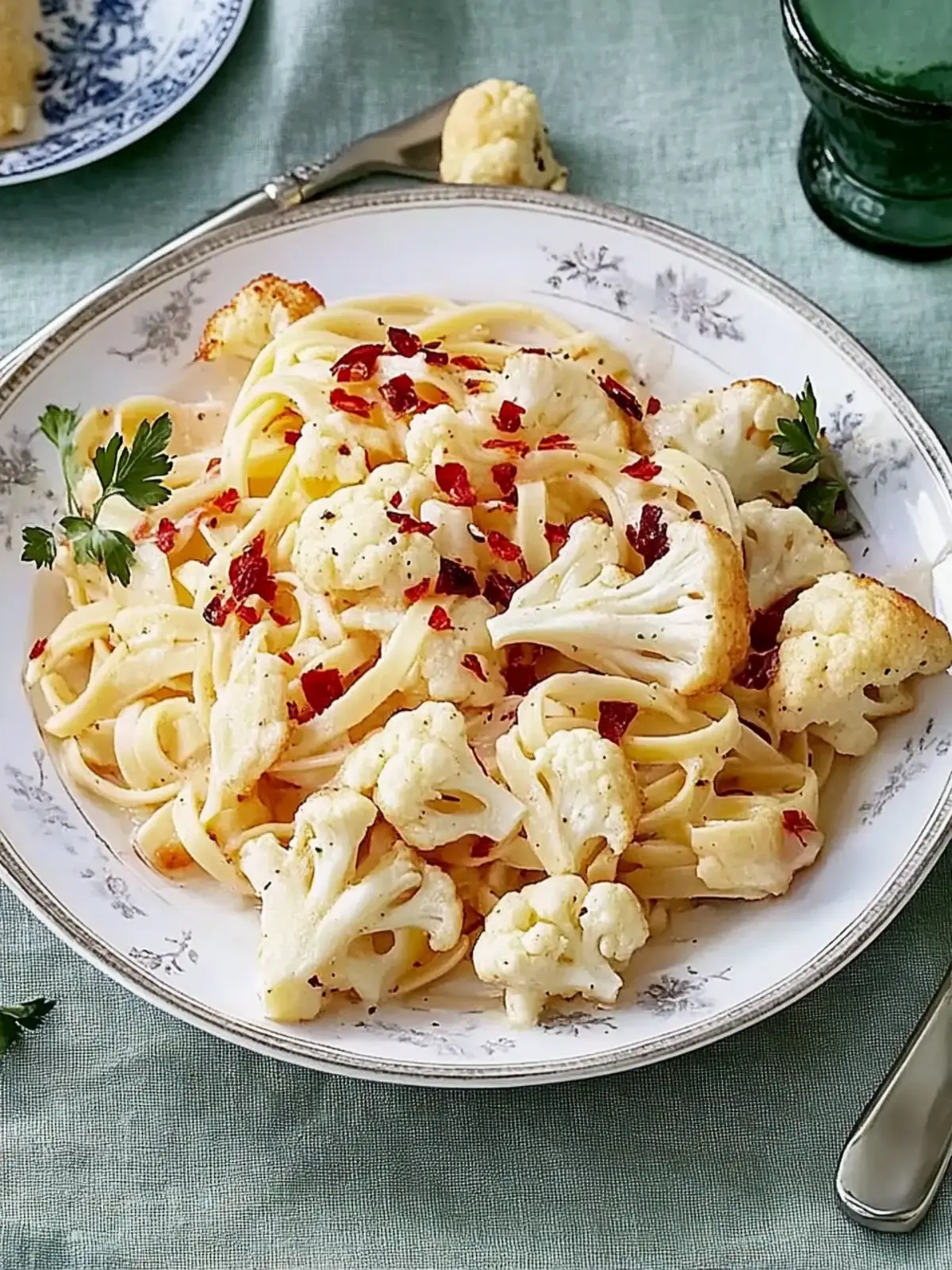 Vegetarische Spaghetti Carbonara mit geröstetem Blumenkohl und Mozzarella
