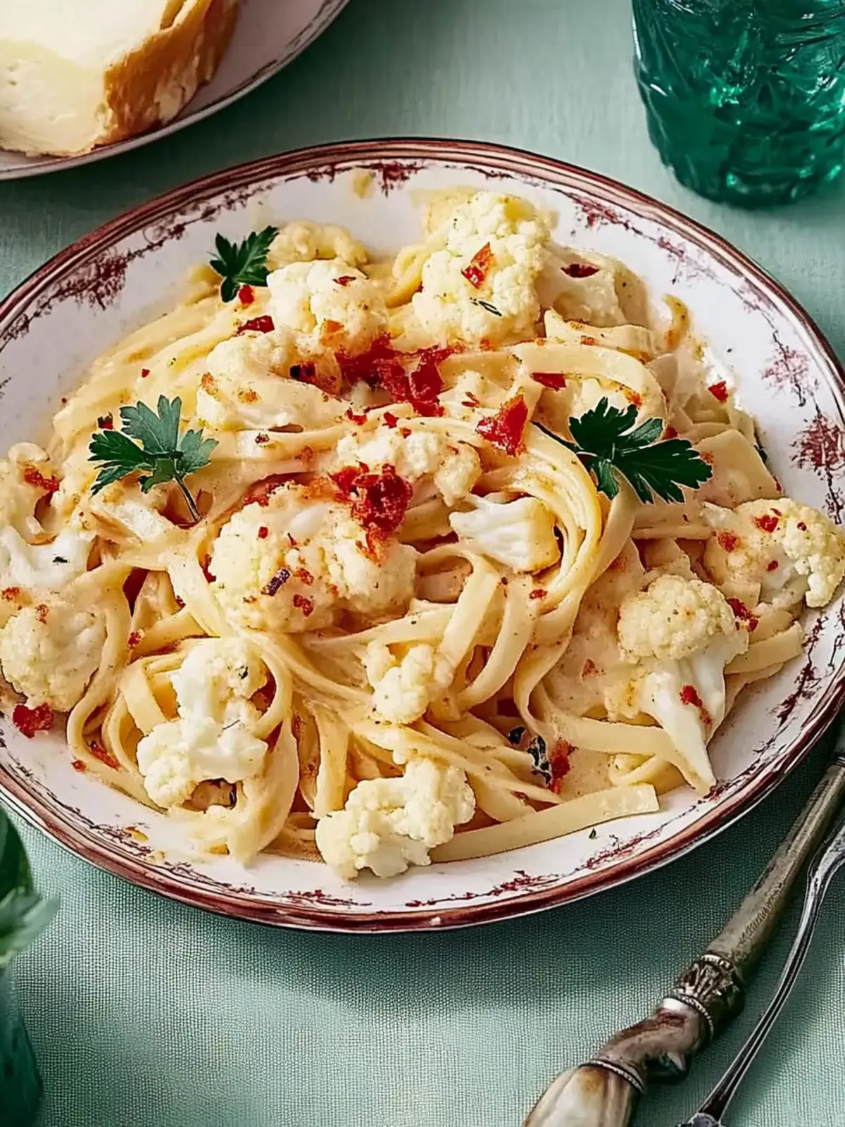 Vegetarische Spaghetti Carbonara mit geröstetem Blumenkohl und Mozzarella