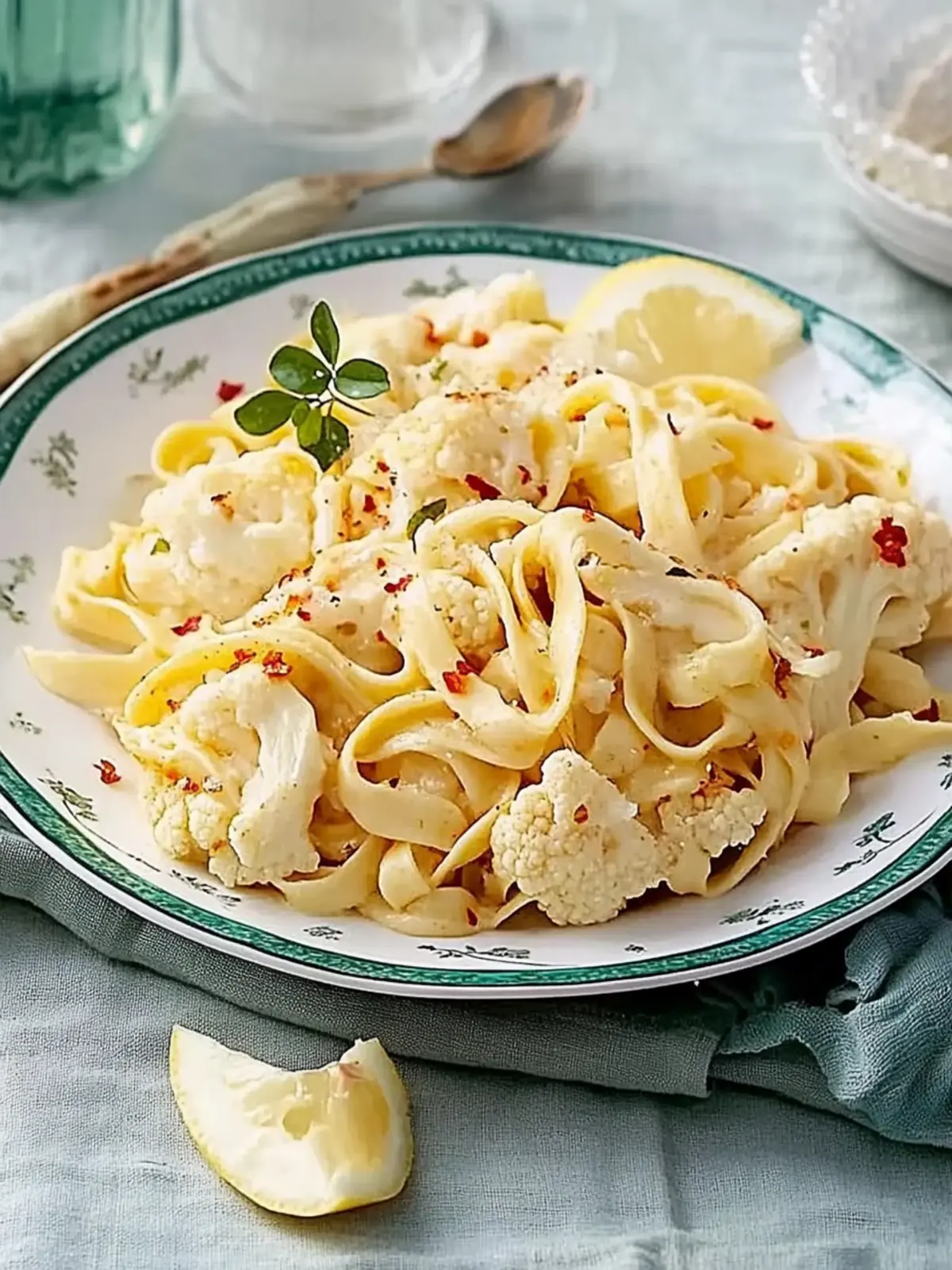 Vegetarische Spaghetti Carbonara mit geröstetem Blumenkohl und Mozzarella