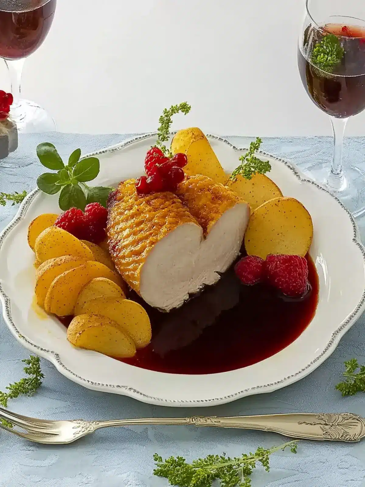 Frankreich: Hähnchenbrust mit Cassis-Soße und Herzoginkartoffeln