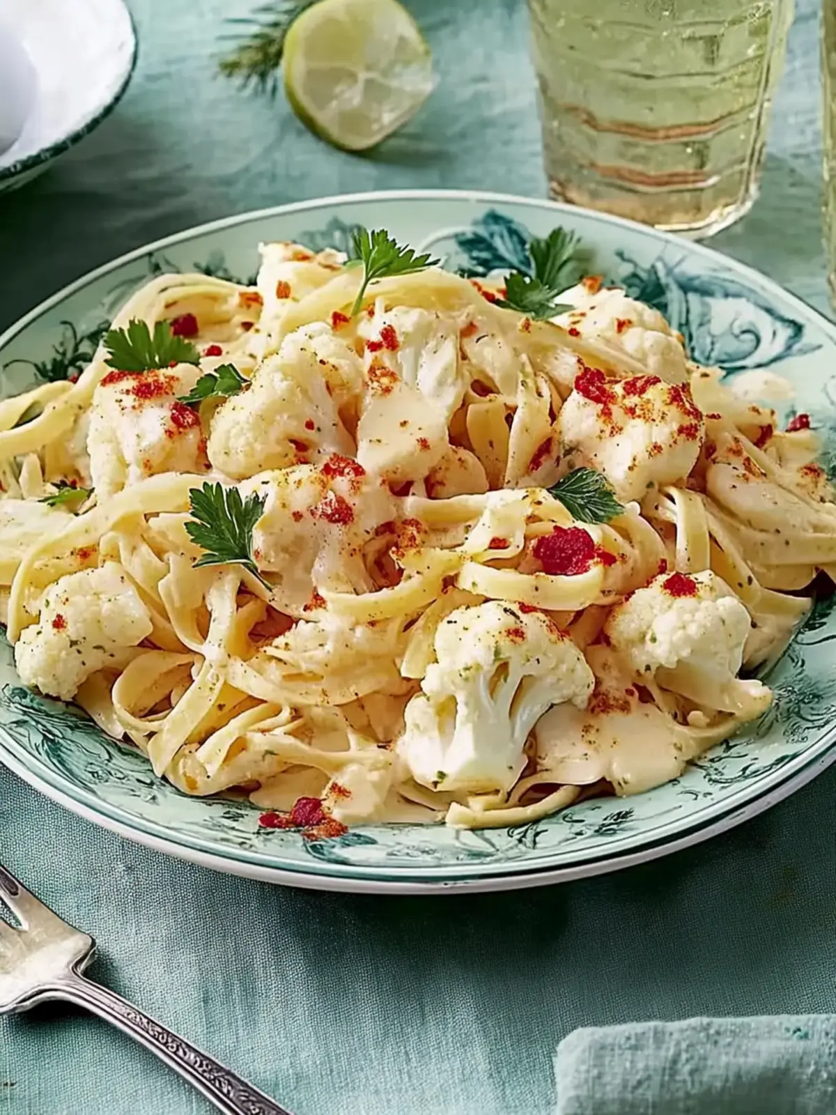 Vegetarische Spaghetti Carbonara mit geröstetem Blumenkohl und Mozzarella