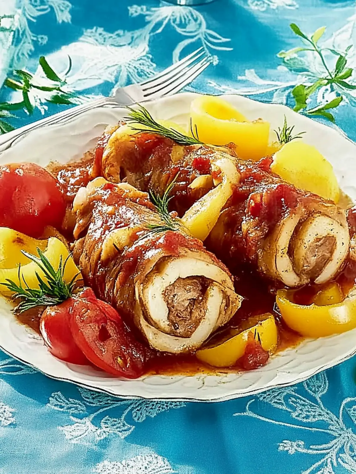 Gyros-Rouladen in Metaxasoße mit Ofengemüse