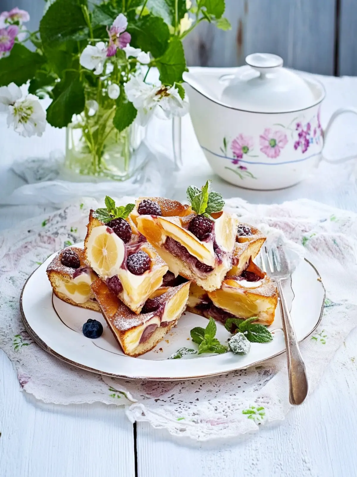 Plum cake from the tray with cream icing