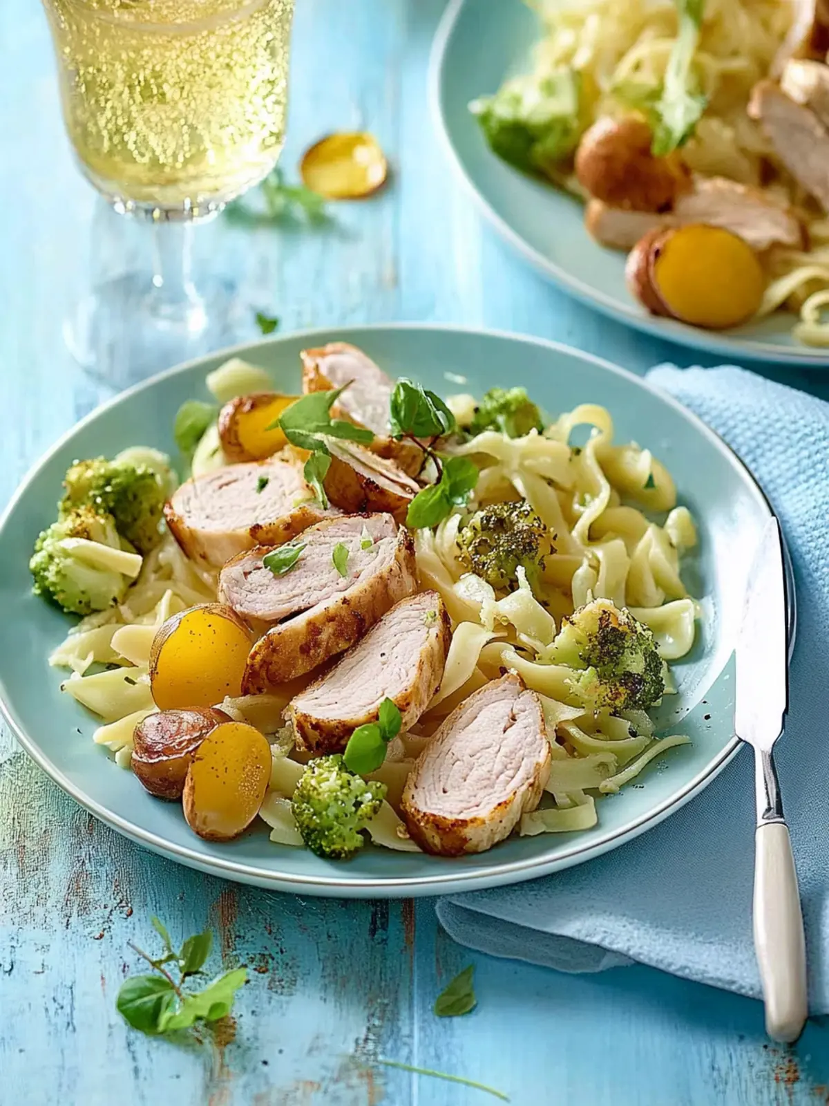 Spätzle mit Rosenkohl und Hähnchenfilet in Weißwein-Sahne-Soße