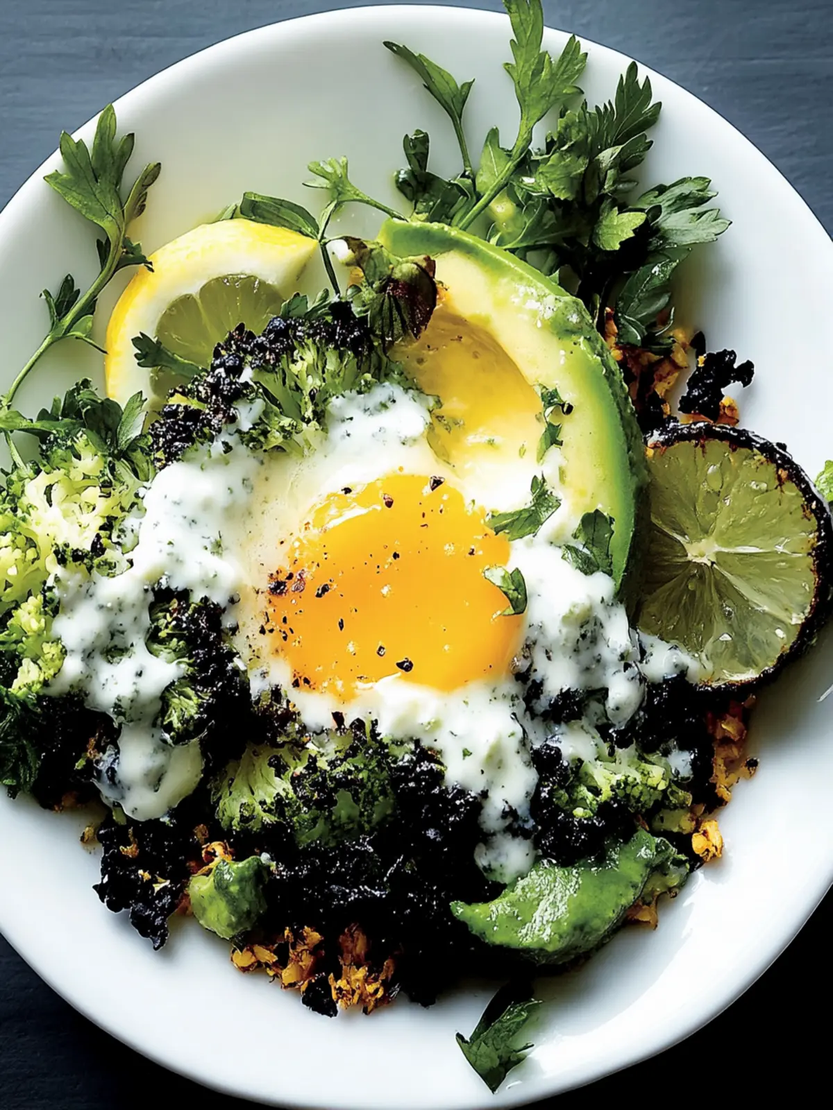 Fried black rice with fried egg and roasted broccoli