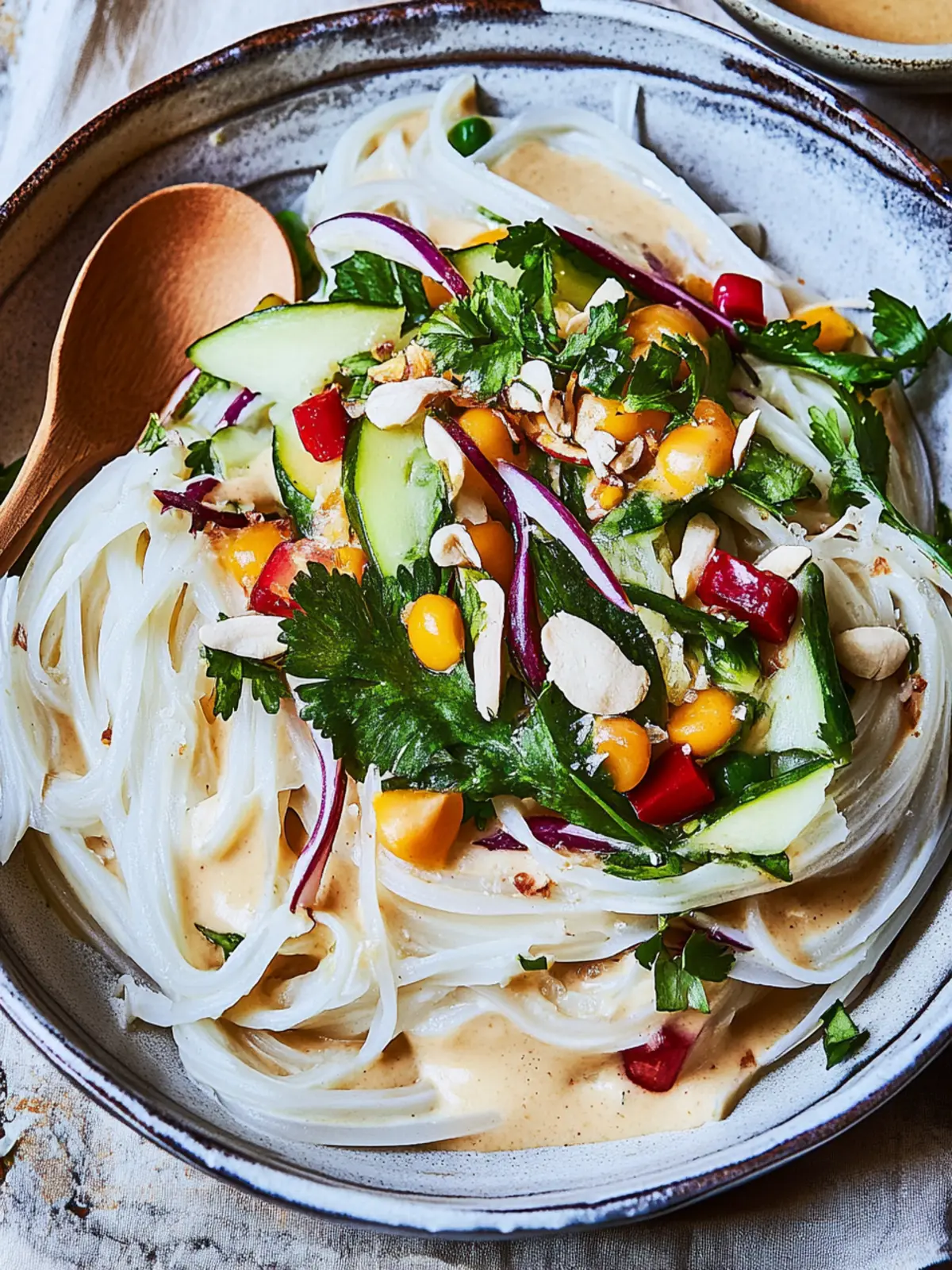 Reisnudeln mit Cashewsauce und knackigem Gemüse