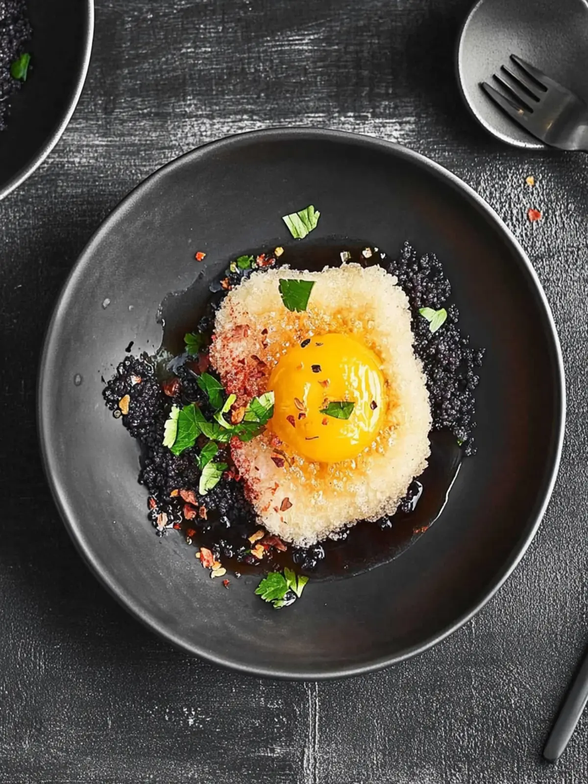 Schwarzes Bohnenragout mit frittiertem Ei