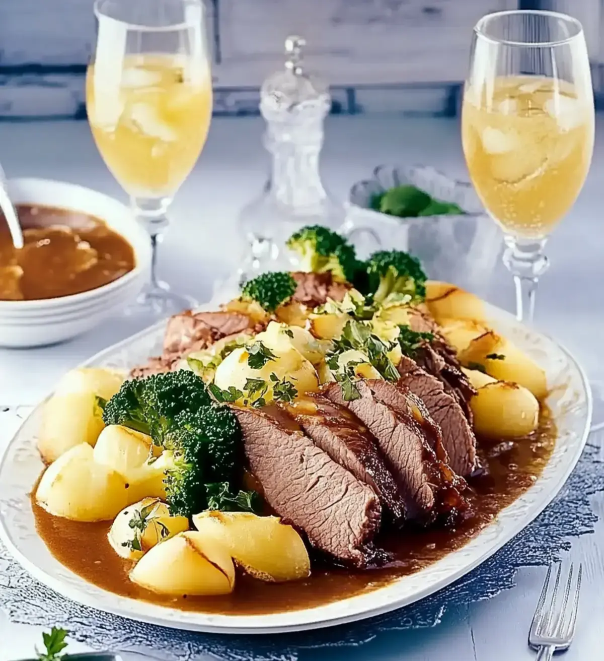 Sauerbraten mit Pilzen und Kartoffelknödeln
