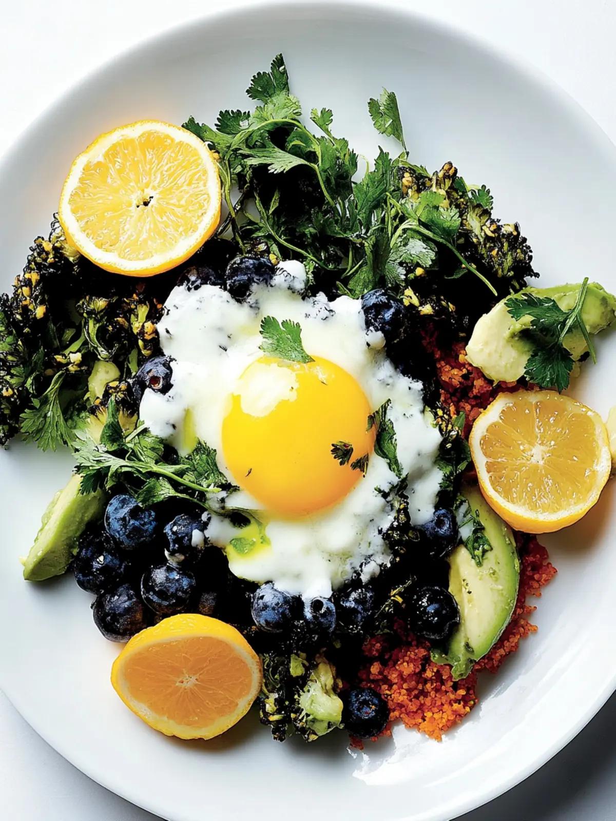 Fried black rice with fried egg and roasted broccoli