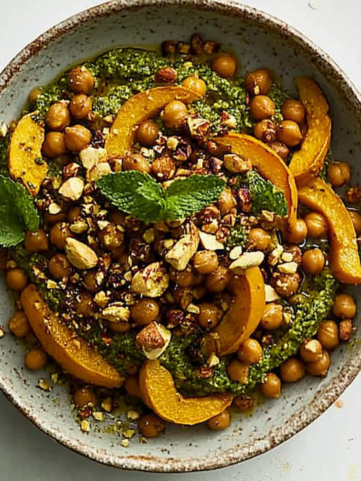 Ahorn-gerösteter Kürbis und Kichererbsen mit Minz-Pistazien-Pesto