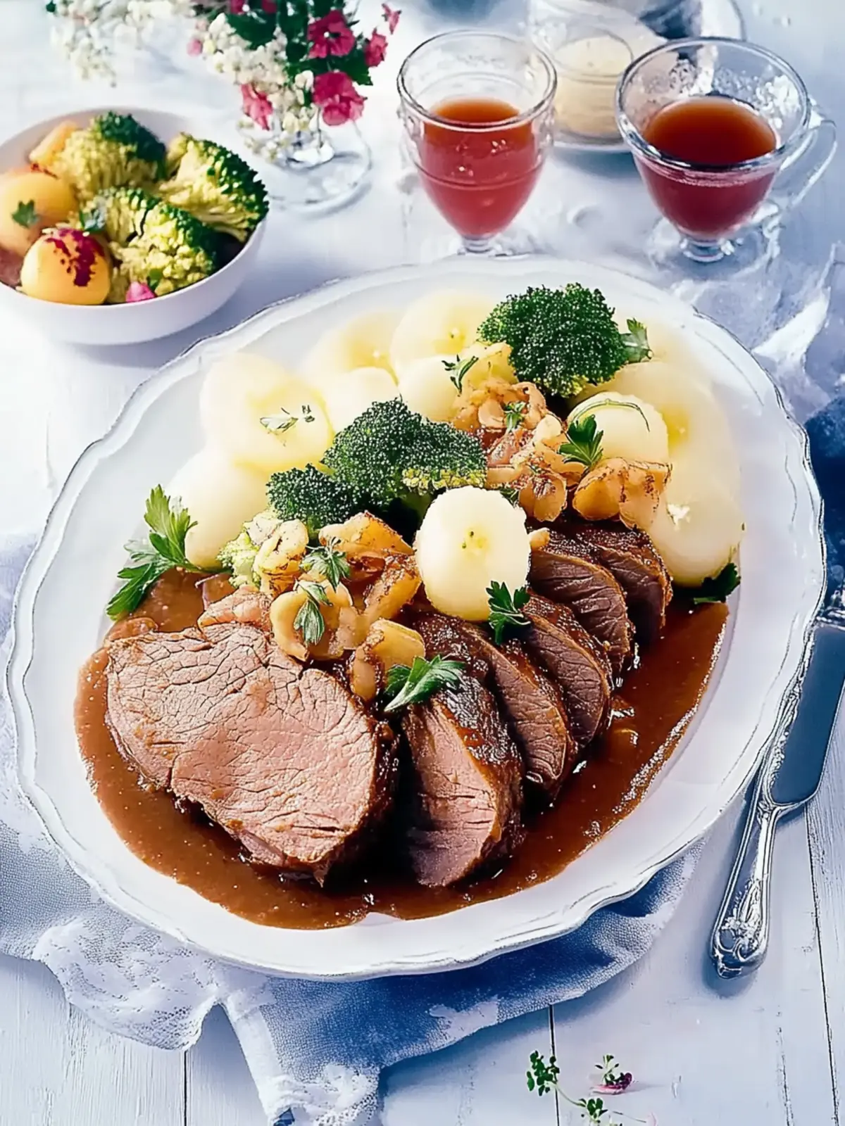 Sauerbraten mit Pilzen und Kartoffelknödeln