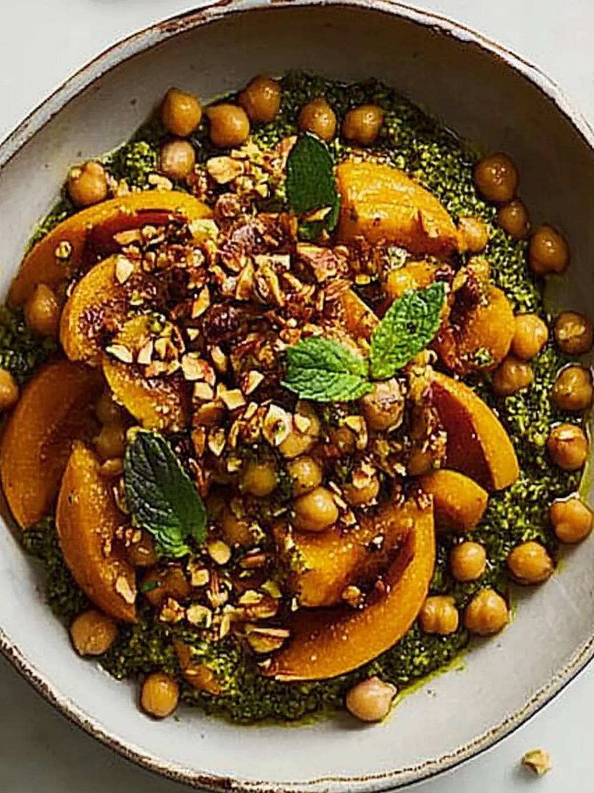 Ahorn-gerösteter Kürbis und Kichererbsen mit Minz-Pistazien-Pesto