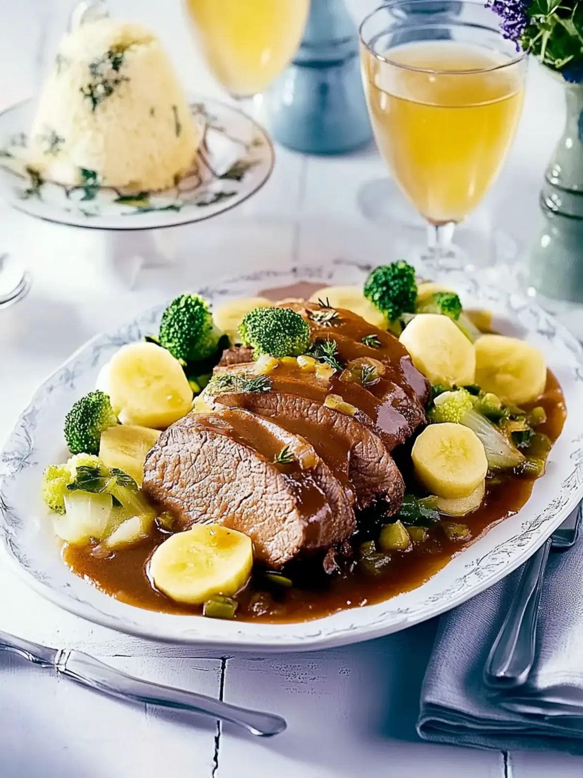 Sauerbraten mit Pilzen und Kartoffelknödeln