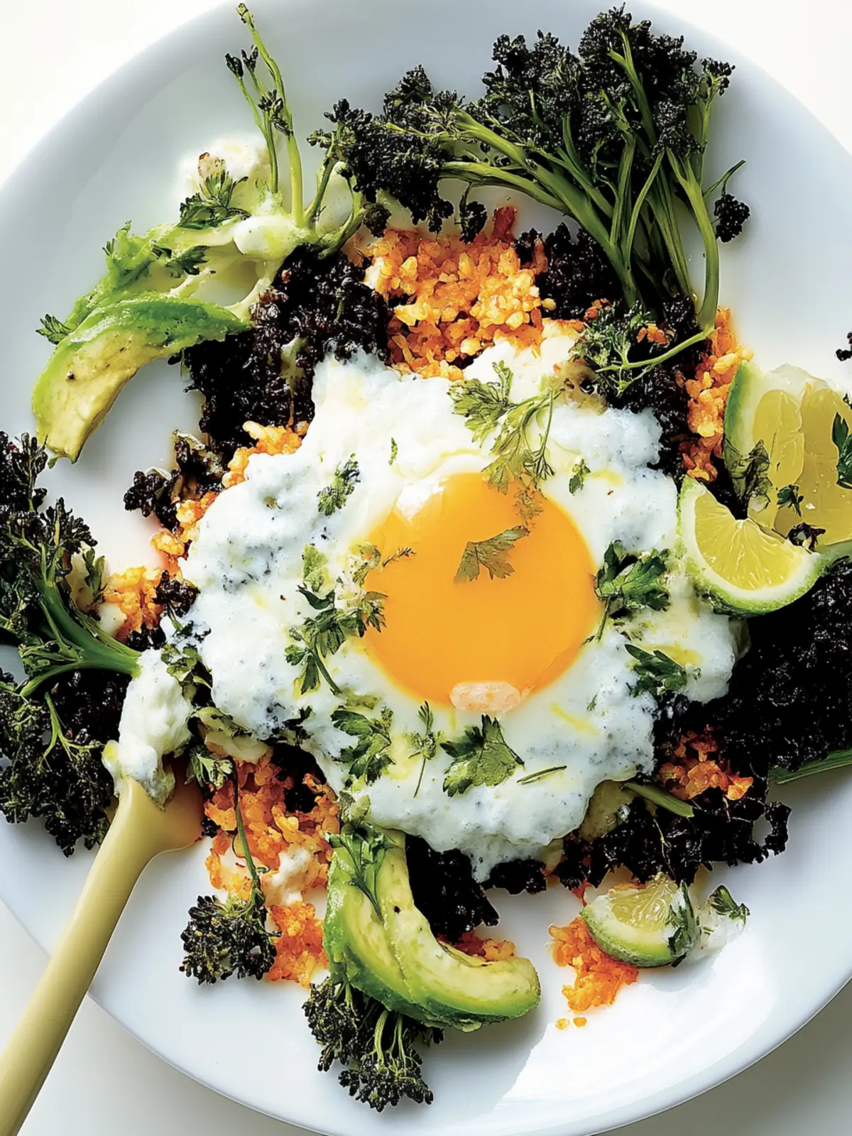 Fried black rice with fried egg and roasted broccoli