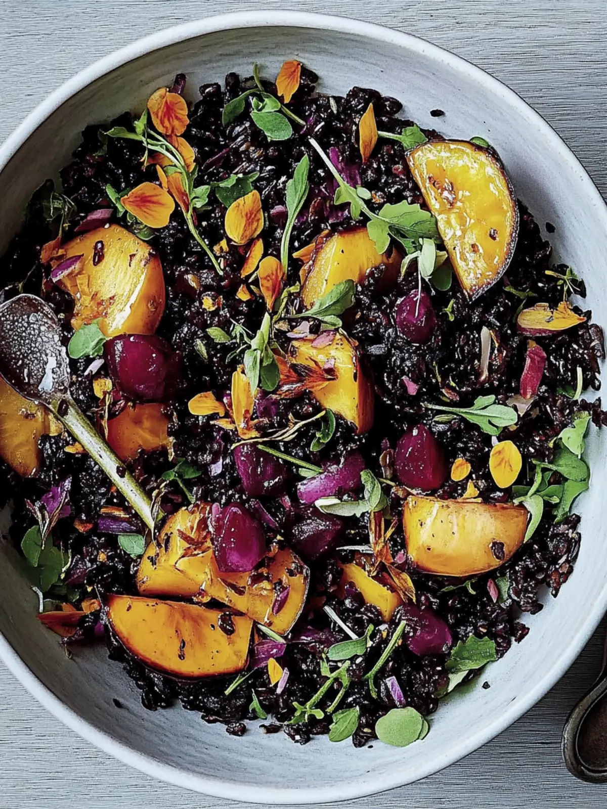 Schwarzer und Wildreissalat mit geröstetem Kürbis