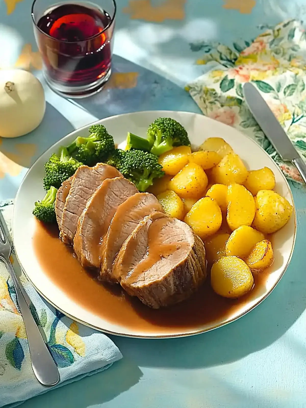 Sauerbraten mit Brokkoli und Kroketten
