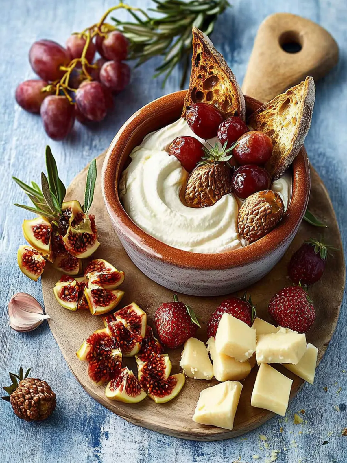 Raclette with red wine figs and camembert cream and roasted walnuts
