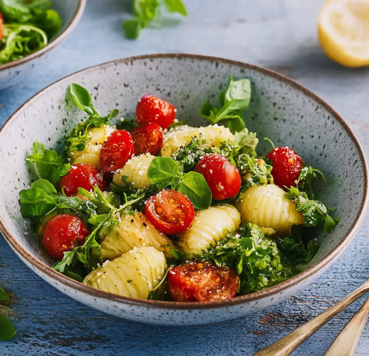 Gnocchi salad with honey tomatoes and pesto from arugula