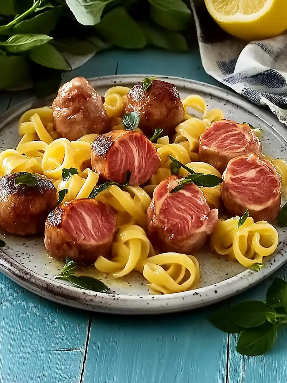 Hackbällchen im Speckmantel mit Pflaumensoße und Spätzle