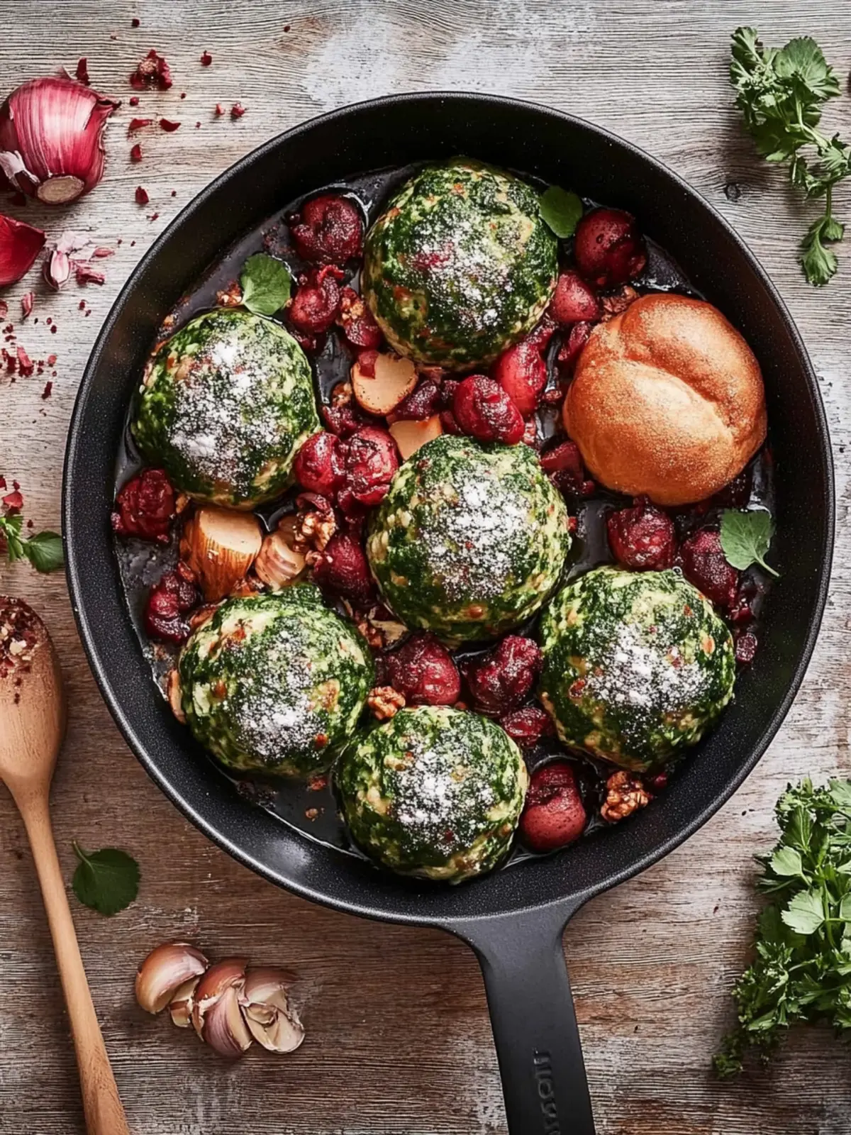 Spinat-Knödel mit Pilzen