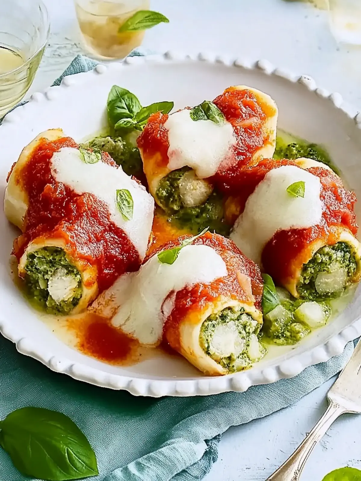 Baked chicken roulades with spinach-mozzarella filling