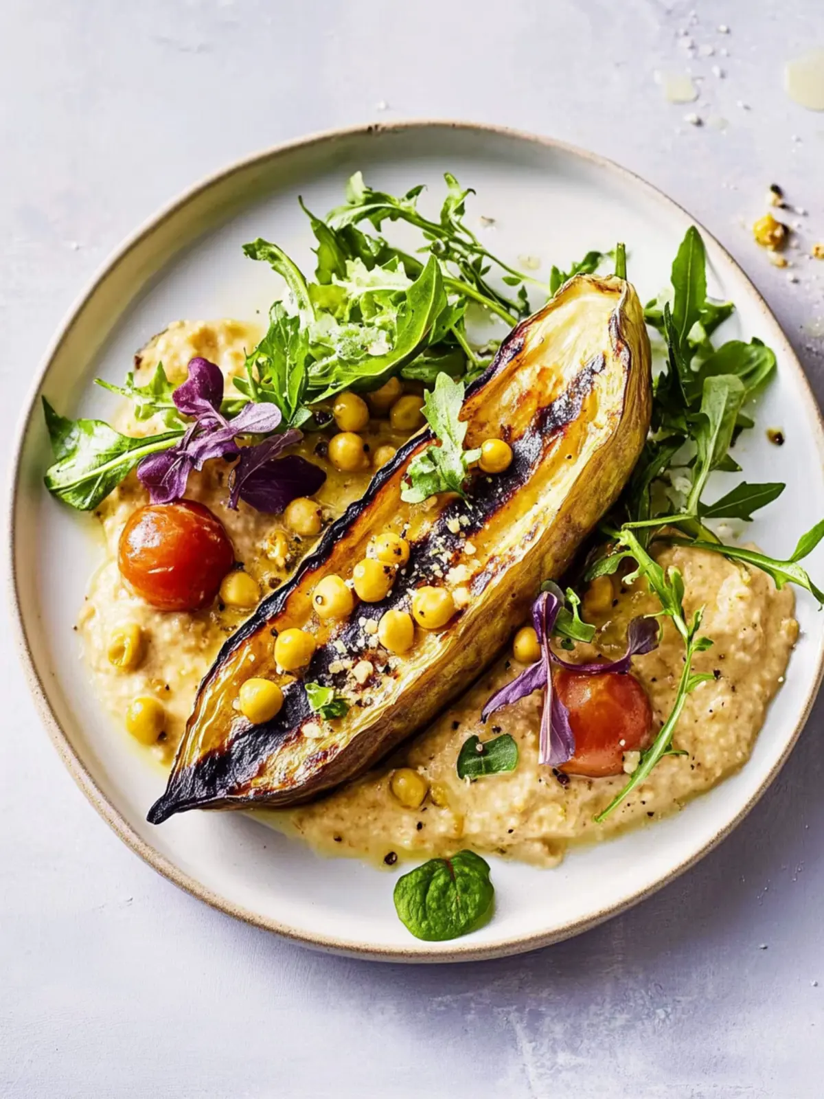 Fried eggplant with crispy chickpeas and cashew sauce