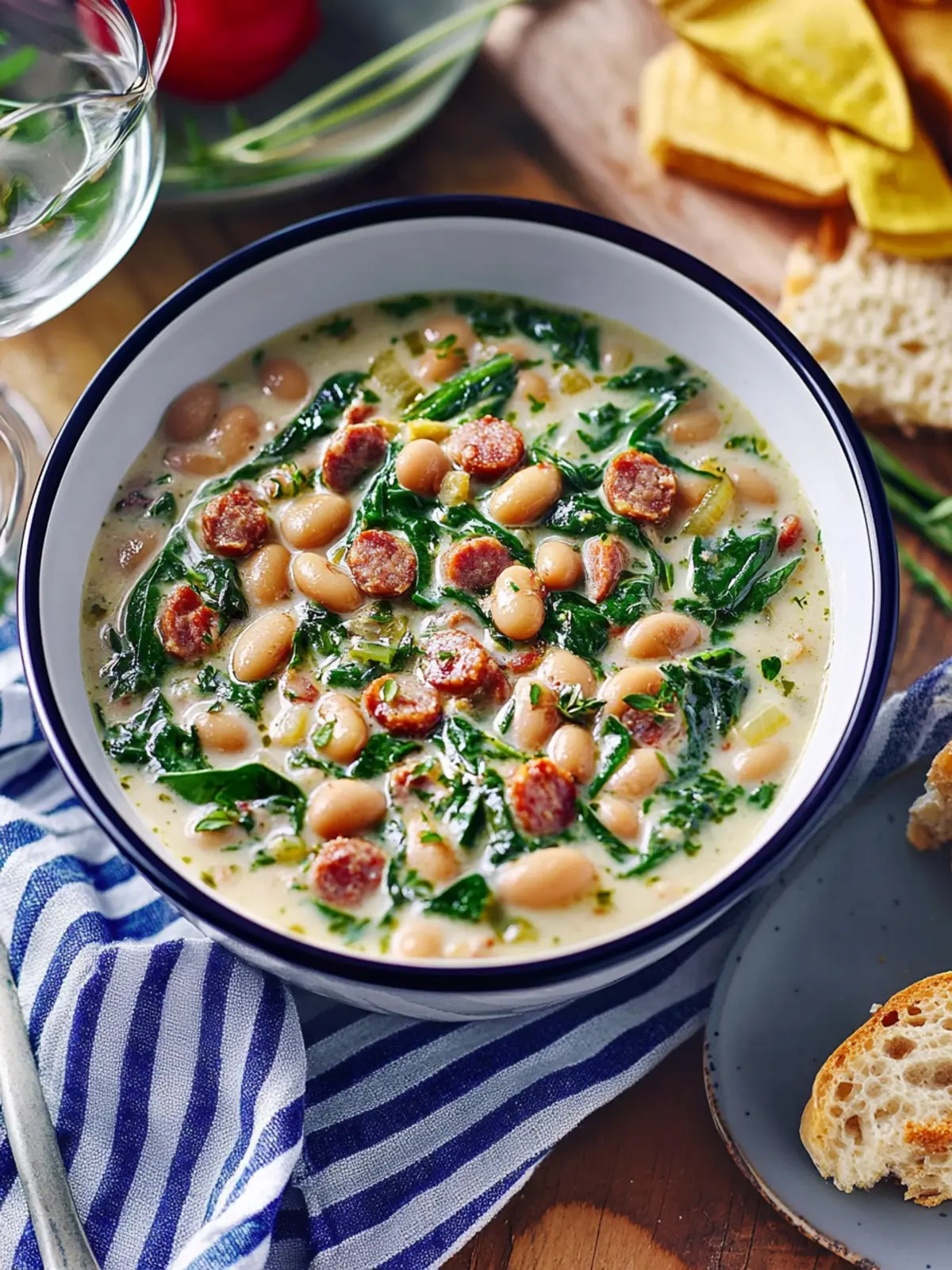 Creamy bean stew with sausage and spinach