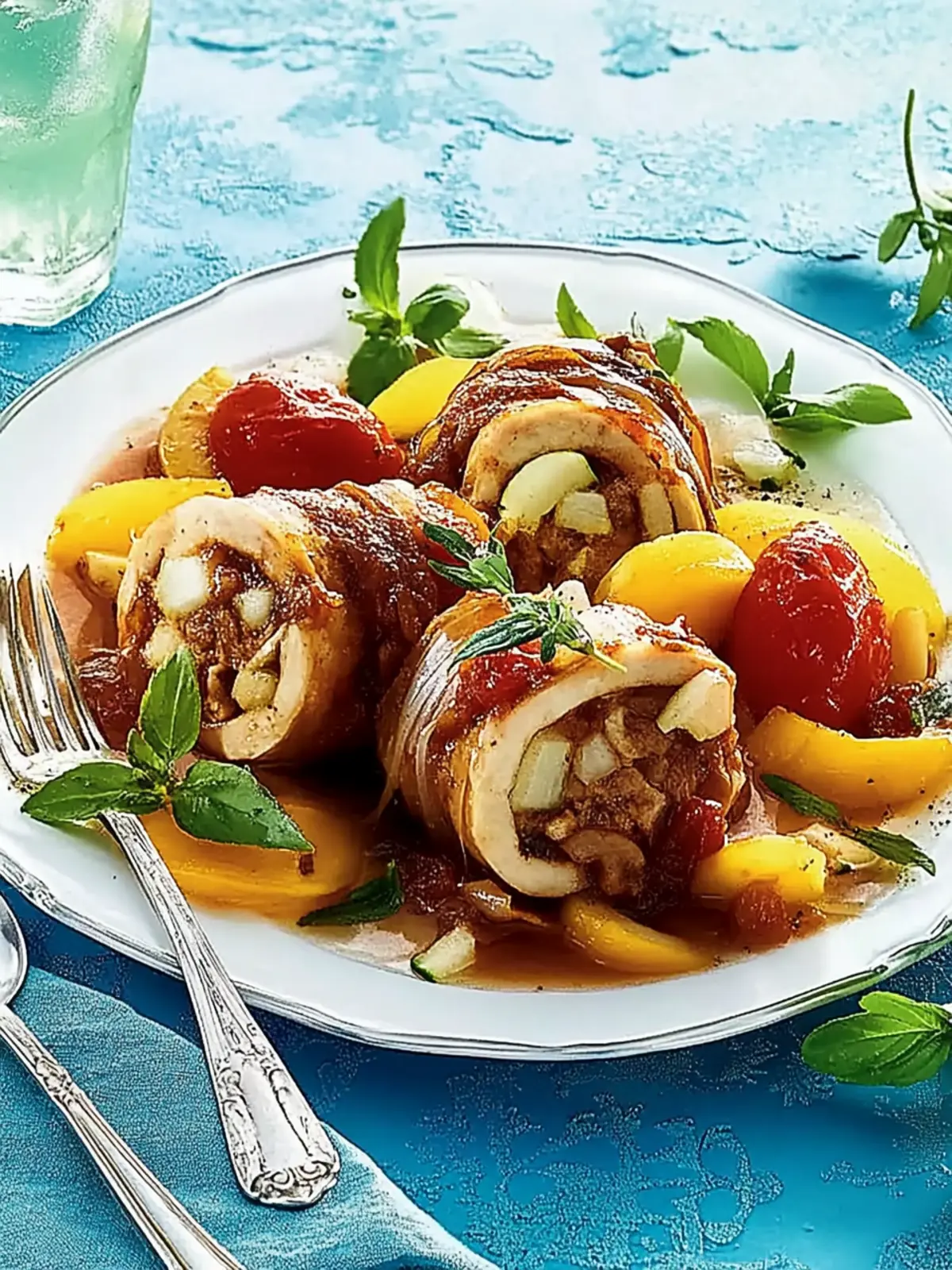 Gyros-Rouladen in Metaxasoße mit Ofengemüse