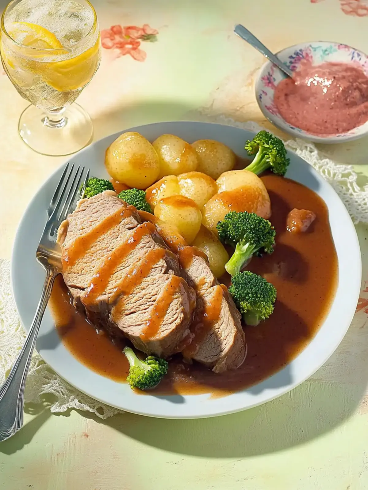 Sauerbraten mit Brokkoli und Kroketten