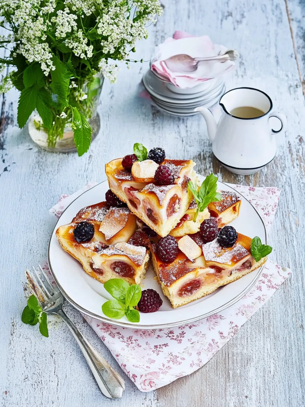 Plum cake from the tray with cream icing