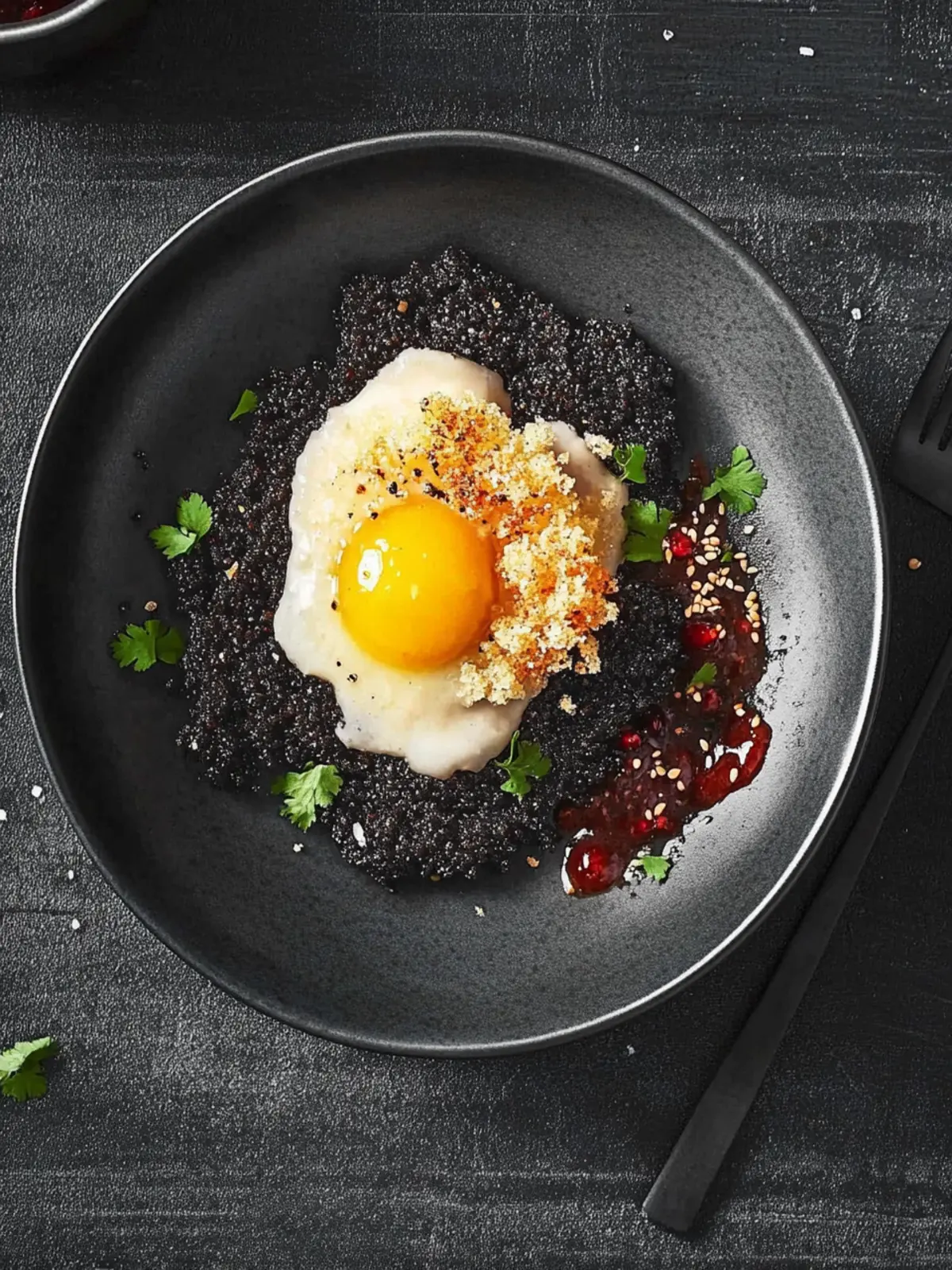 Schwarzes Bohnenragout mit frittiertem Ei