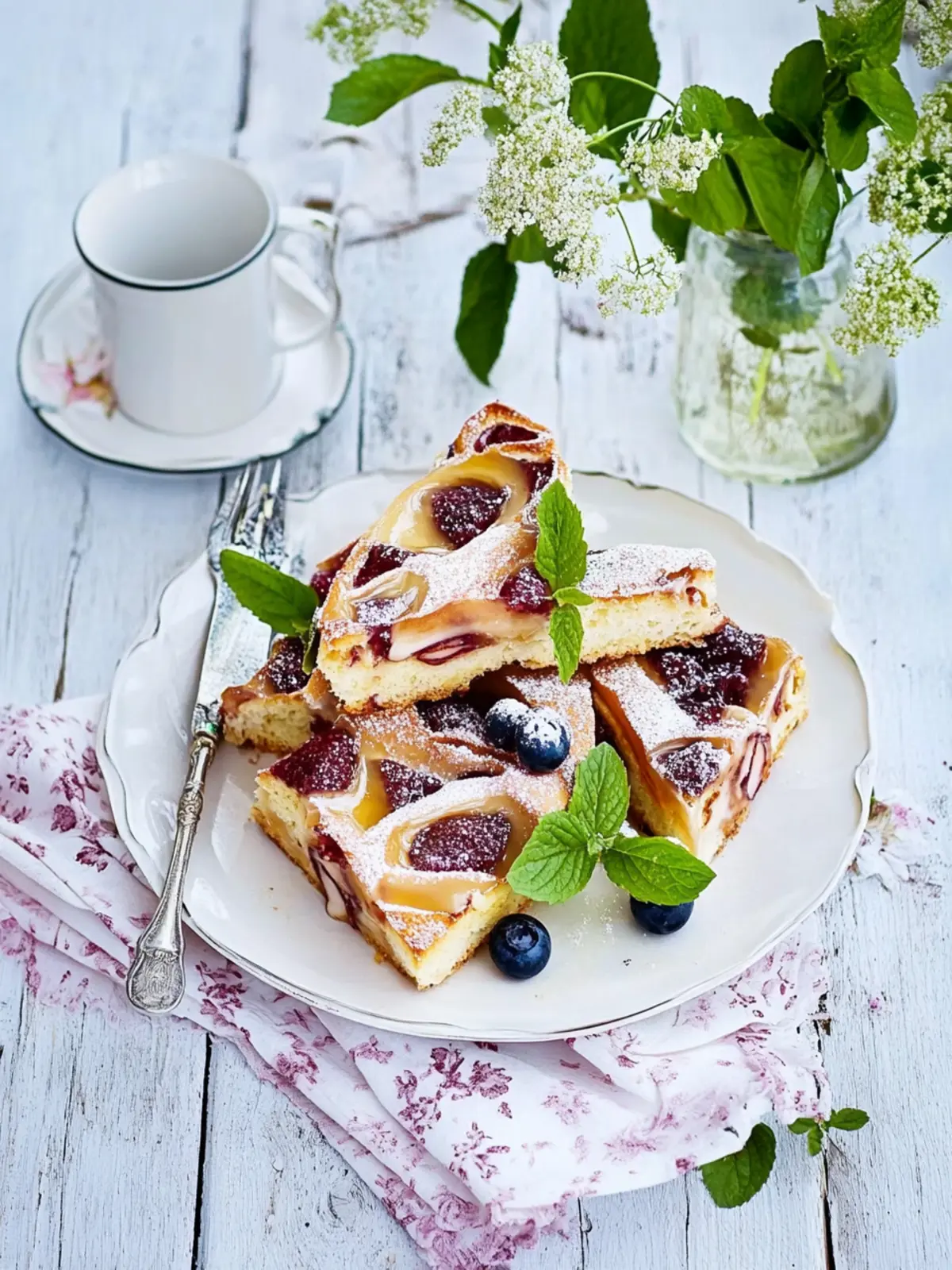Plum cake from the tray with cream icing