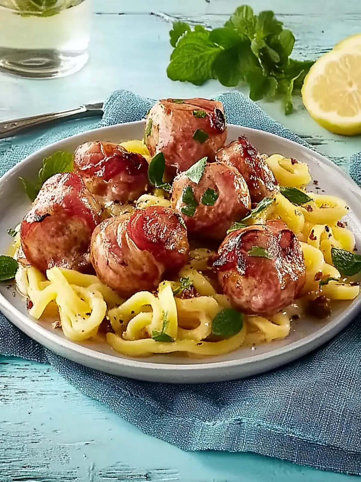 Hackbällchen im Speckmantel mit Pflaumensoße und Spätzle