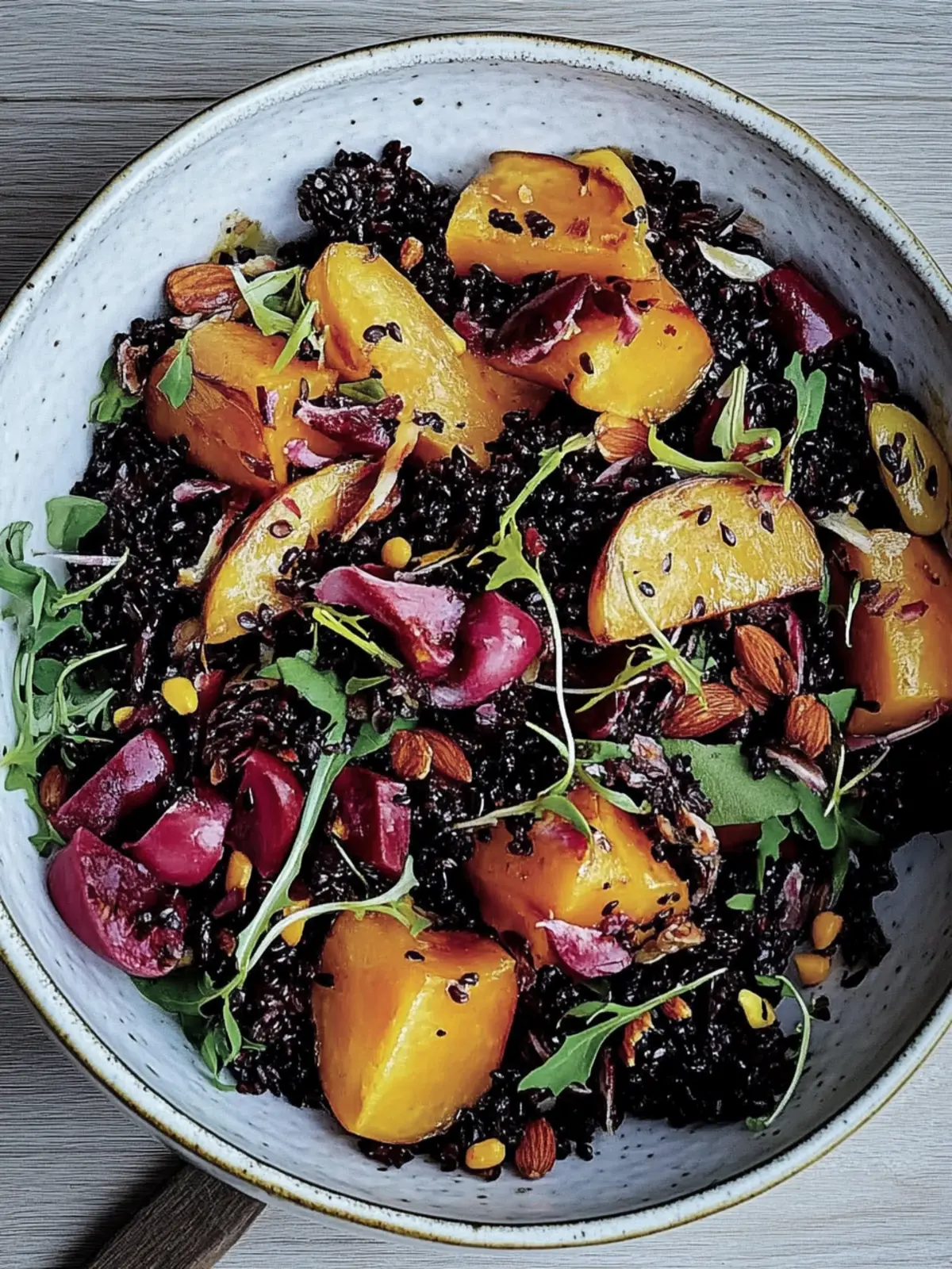 Schwarzer und Wildreissalat mit geröstetem Kürbis