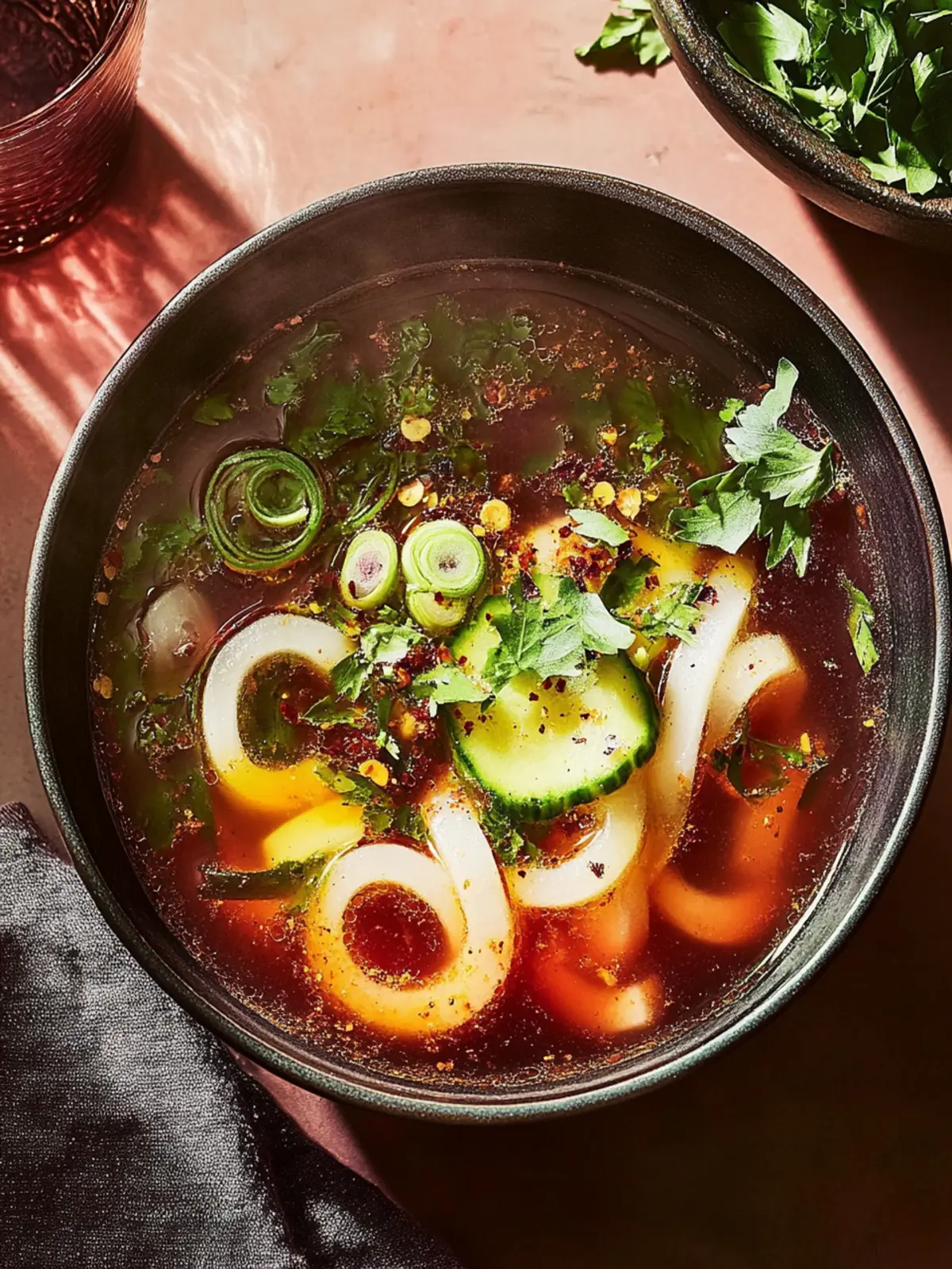 Udon in Butter-Tomaten-Soja-Brühe