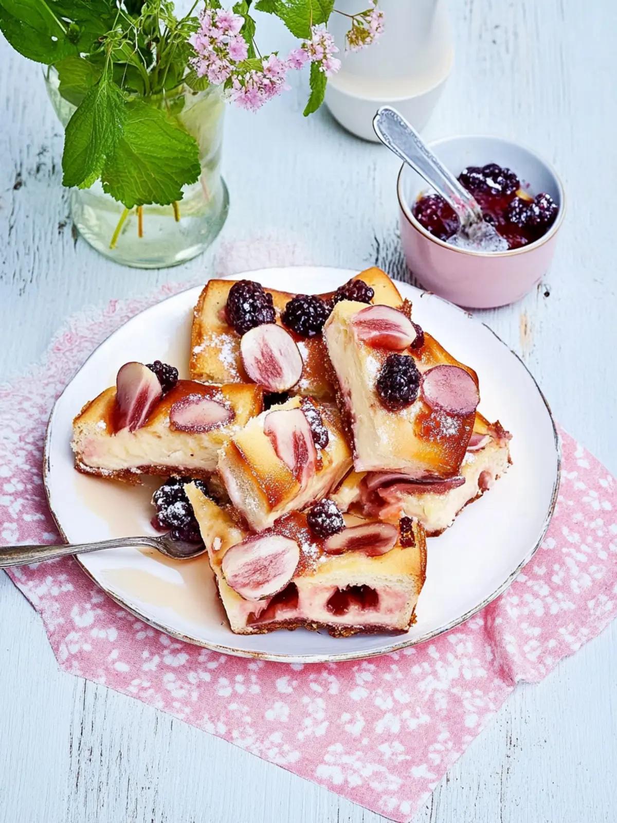 Plum cake from the tray with cream icing