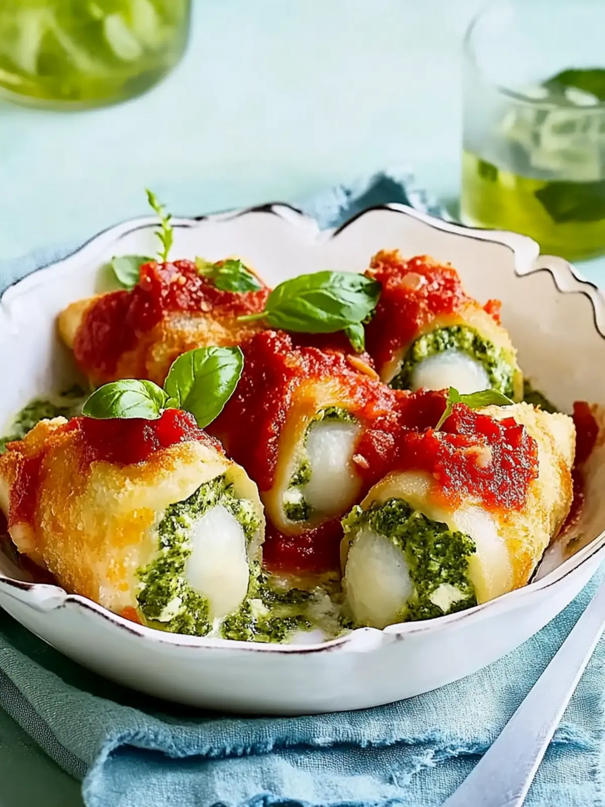 Baked chicken roulades with spinach-mozzarella filling