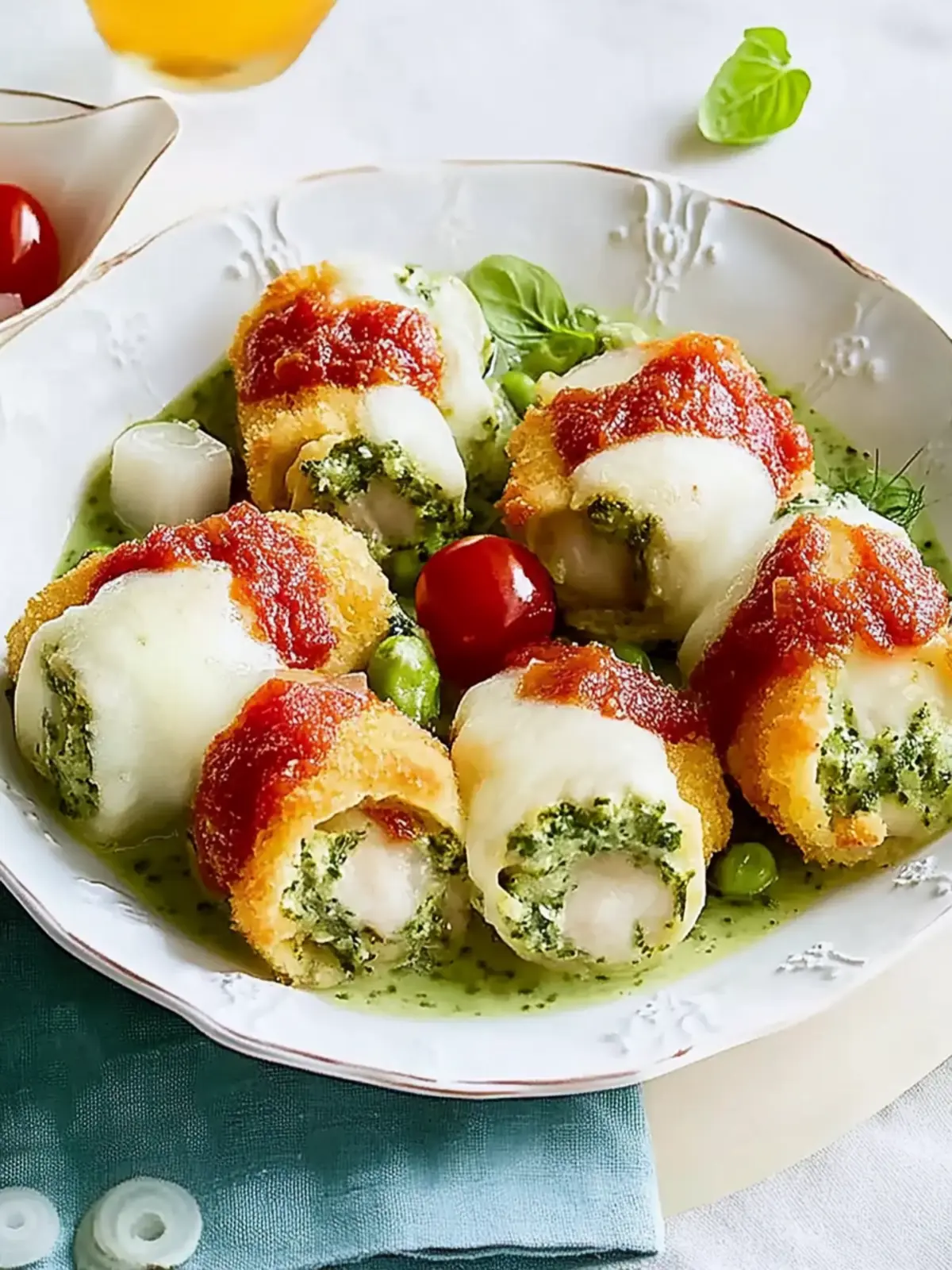 Baked chicken roulades with spinach-mozzarella filling