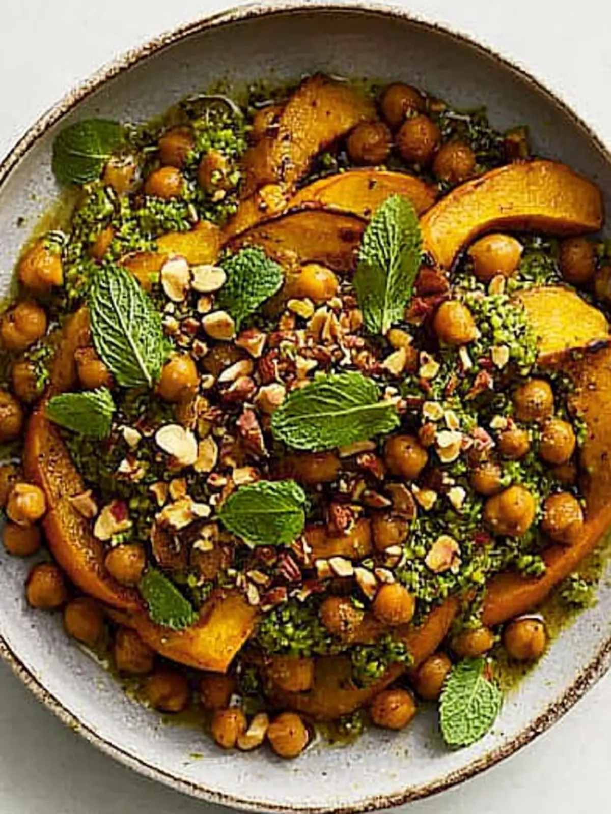 Ahorn-gerösteter Kürbis und Kichererbsen mit Minz-Pistazien-Pesto