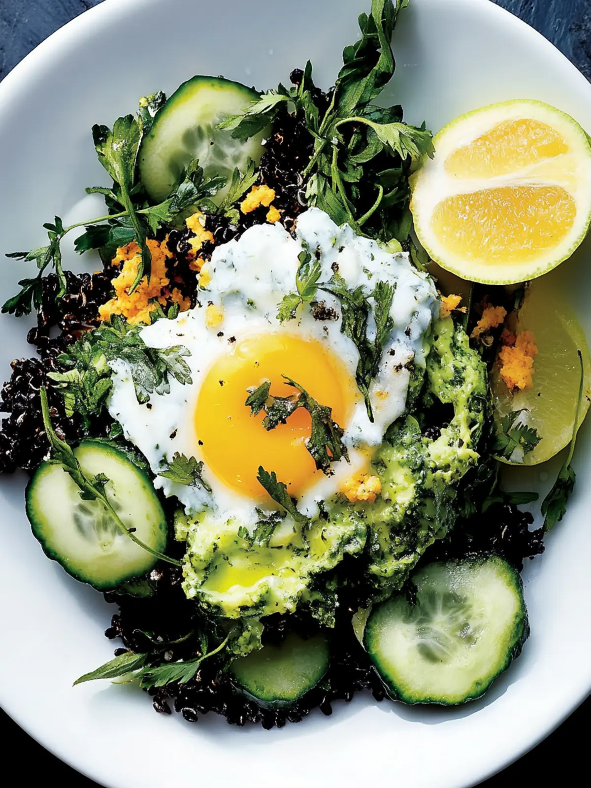 Fried black rice with fried egg and roasted broccoli