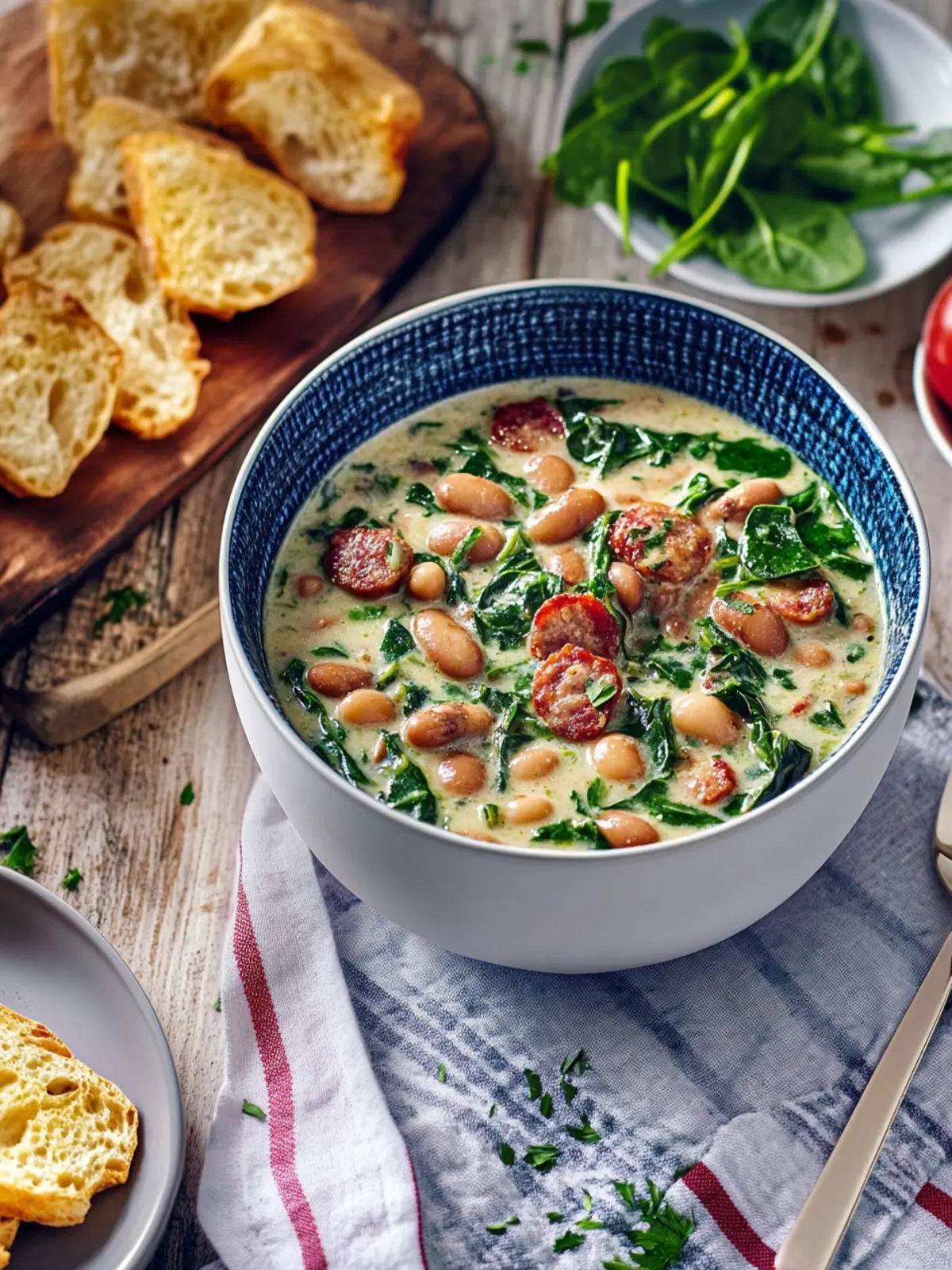 Creamy bean stew with sausage and spinach