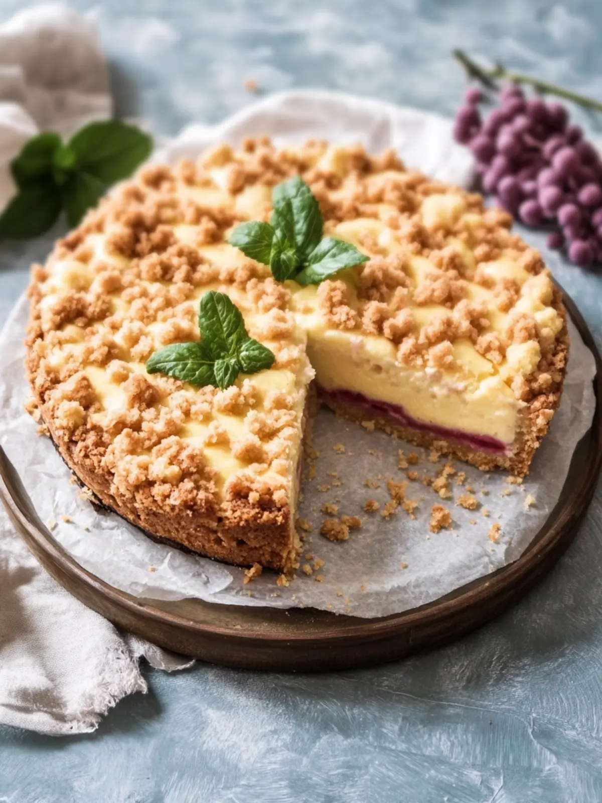 Plum cake with pudding and cinnamon crumbs
