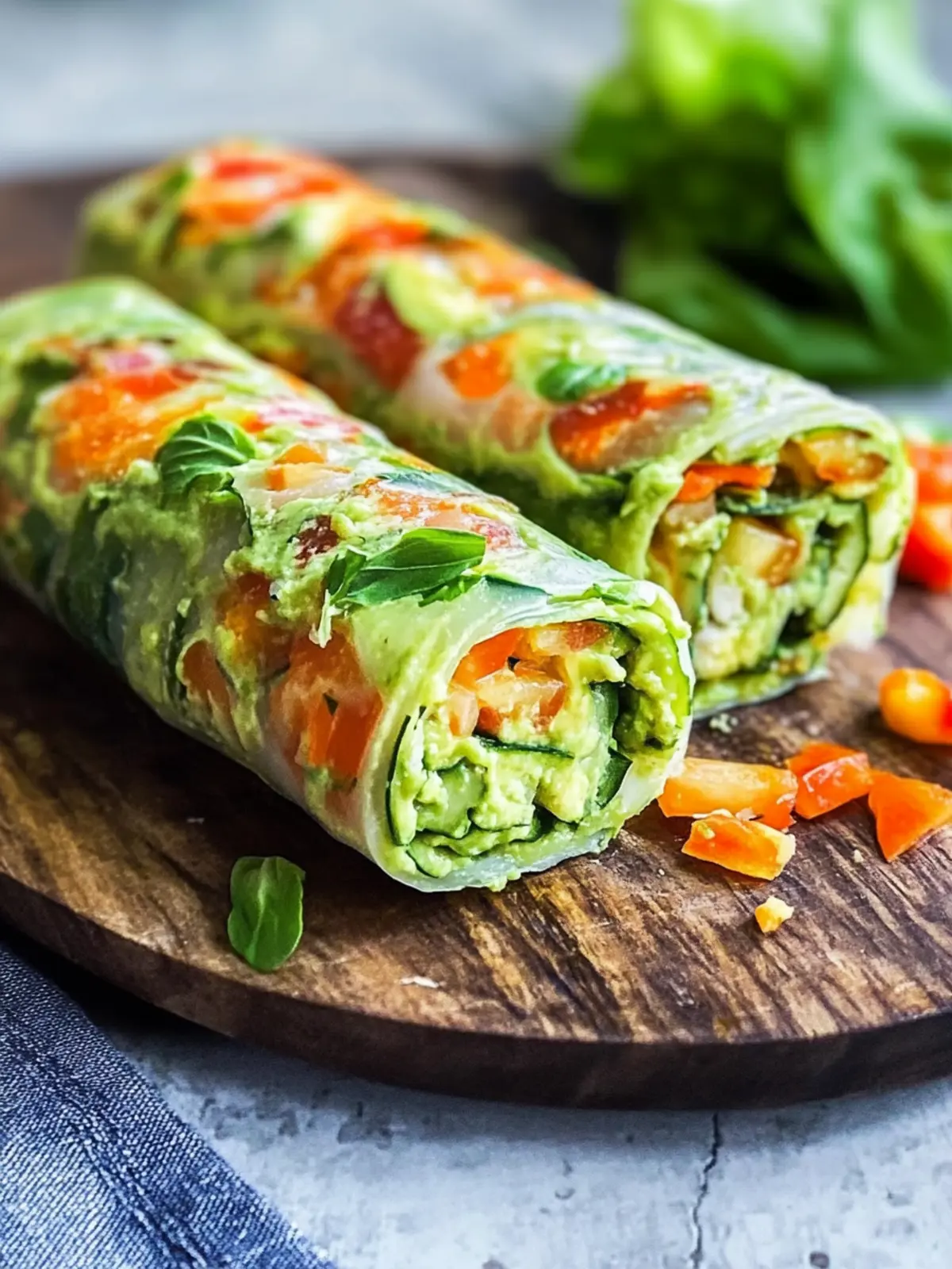 Healthy vegetable roll filled with avocado cream