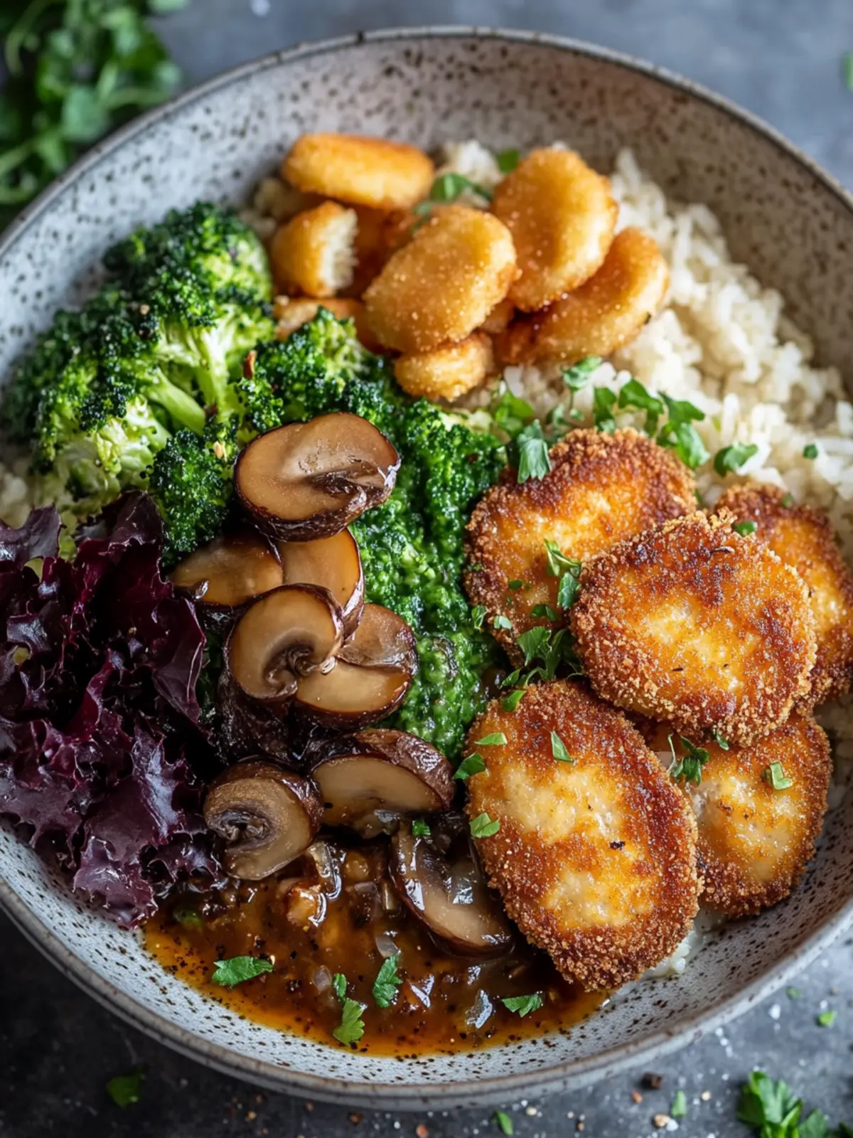Vegane Schnitzel-Bowl mit Pilzsoße