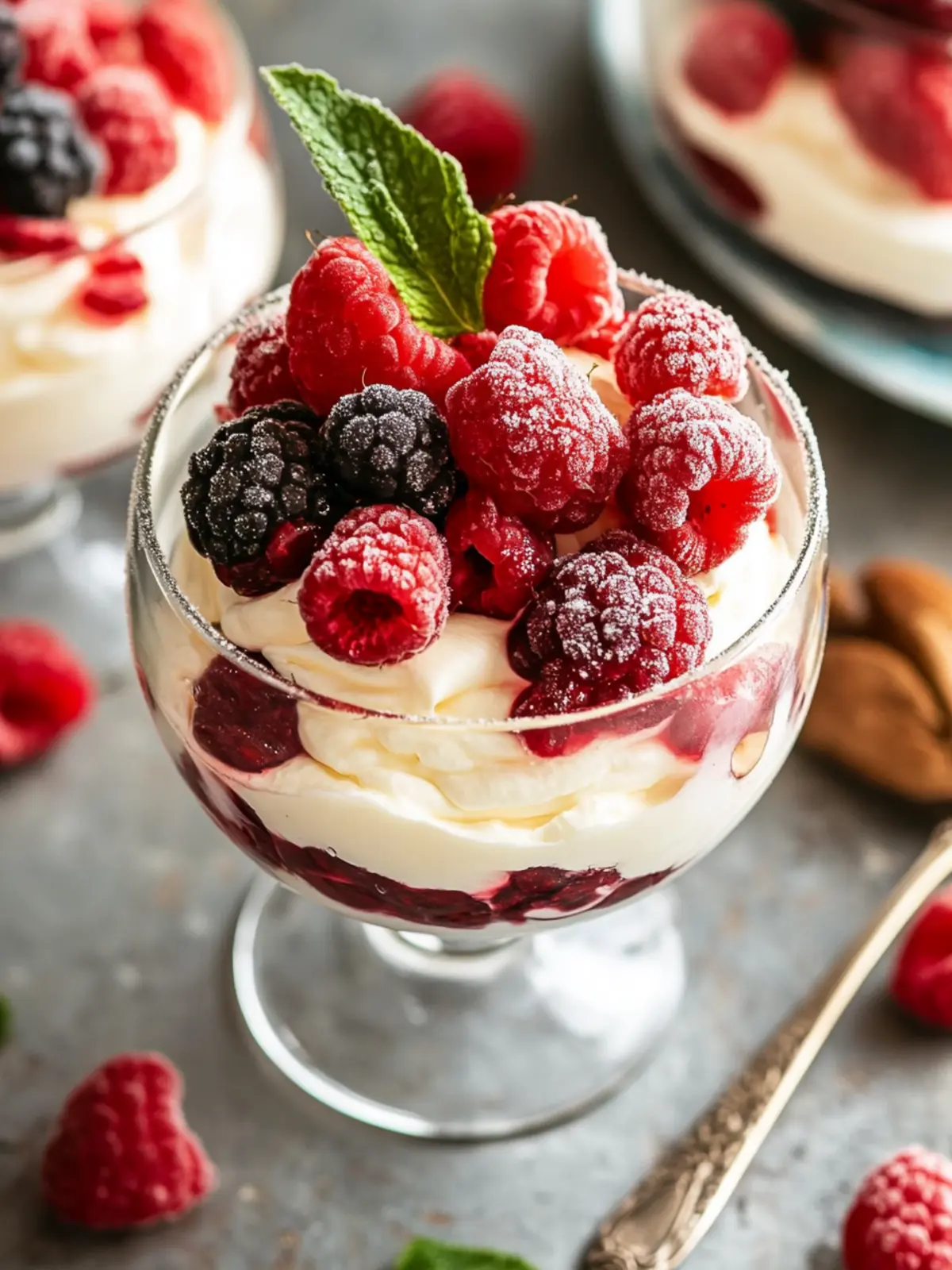 Creamy Mascarpone dessert in a glass with frozen fruits